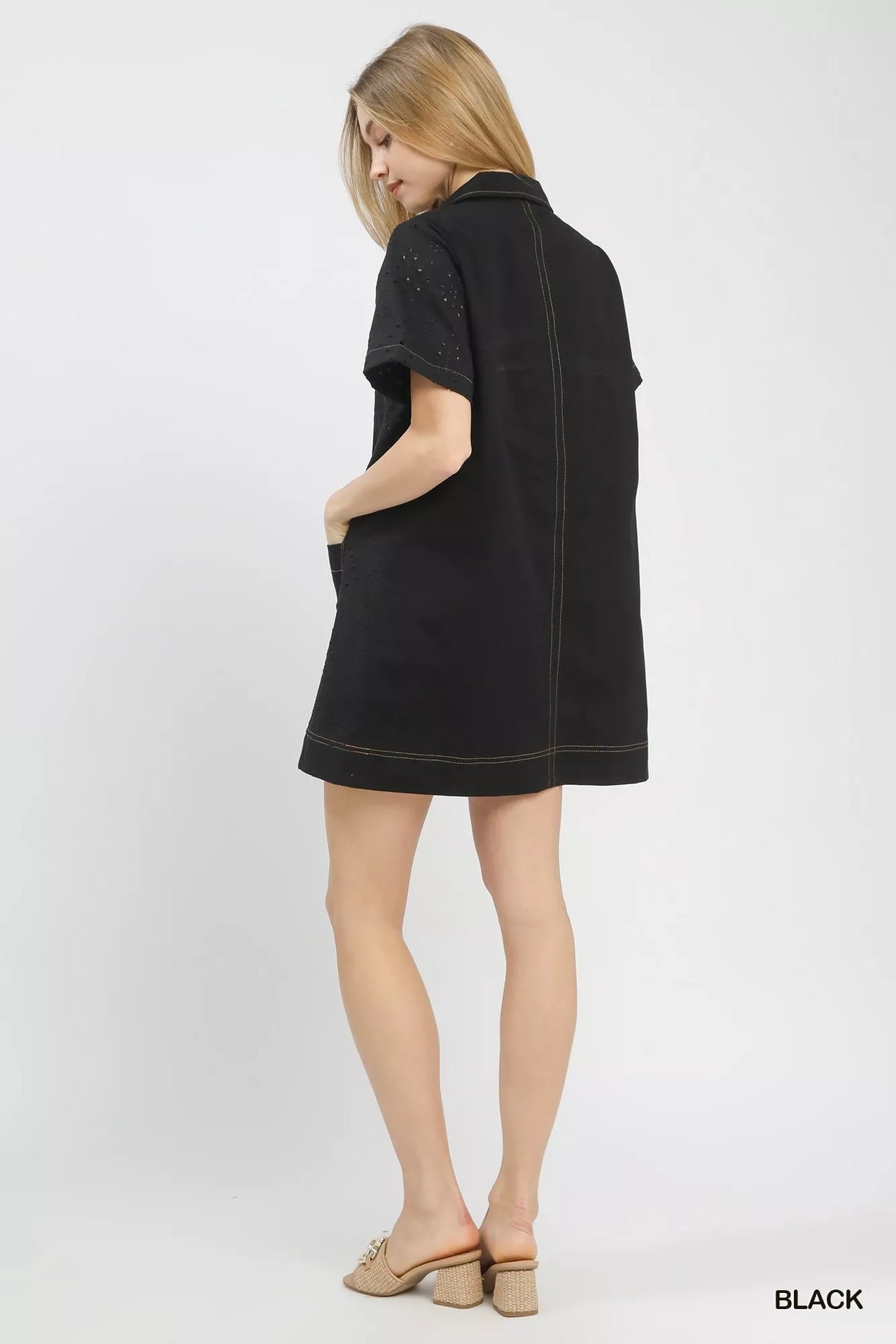 Umgee Eyelet Short Sleeve Shift Dress with Pocket