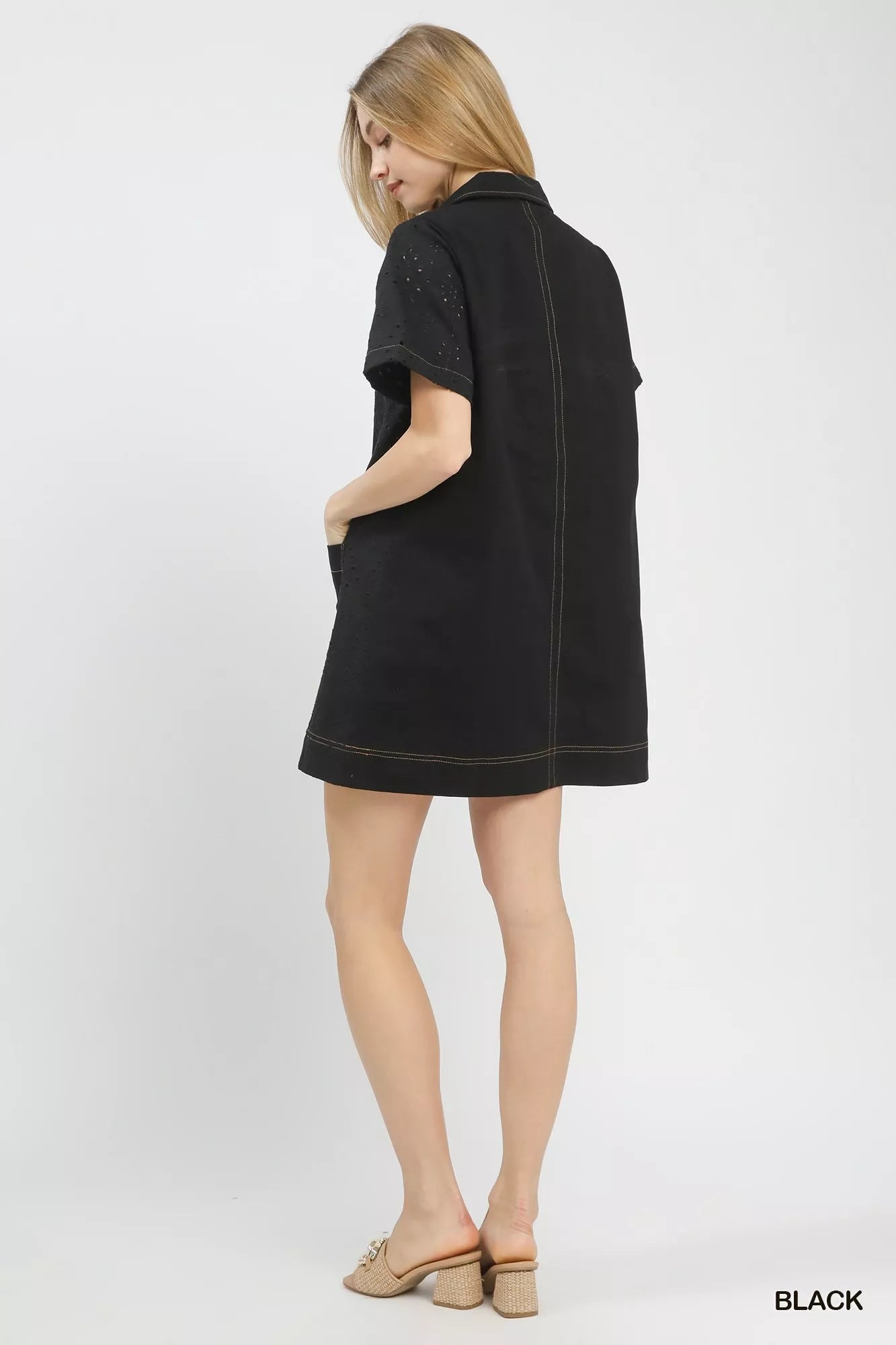 Umgee Eyelet Short Sleeve Shift Dress with Pocket