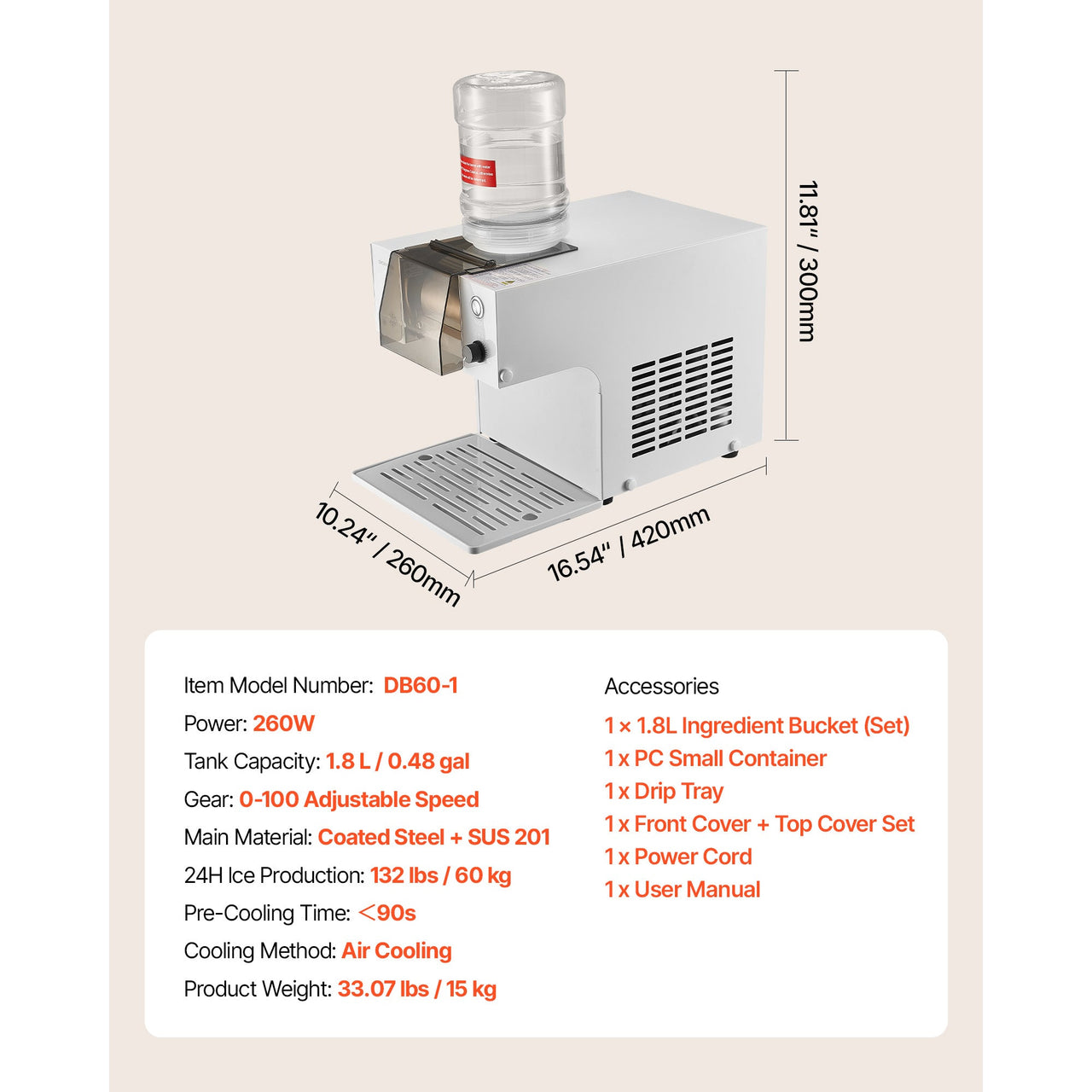 Snowflake Ice Machine, 132LBS/24H Snowflake Ice Maker, Ice-Shaver Machine with Stainless Steel Blade, Electric Snow Cone Maker with 0.48Gal Tank, 90S Fast Pre-Cooling, for Home & Small Gathering