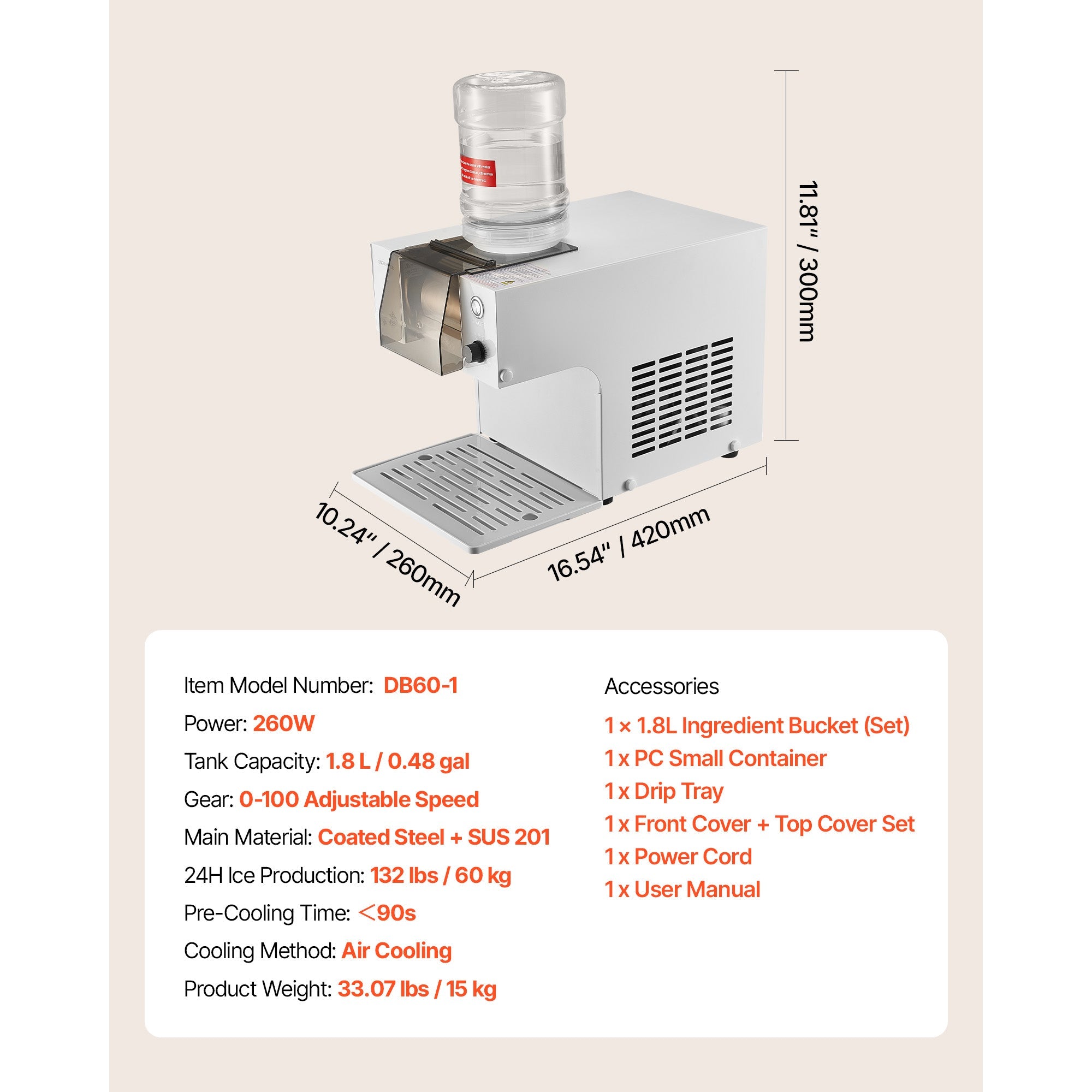 Snowflake Ice Machine, 132LBS/24H Snowflake Ice Maker, Ice-Shaver Machine with Stainless Steel Blade, Electric Snow Cone Maker with 0.48Gal Tank, 90S Fast Pre-Cooling, for Home & Small Gathering