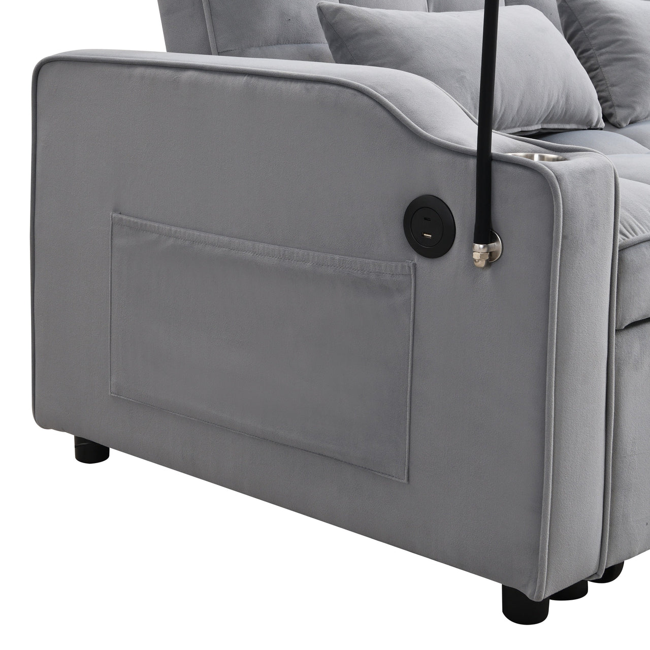 Modern Velvet Loveseat Futon Sofa Couch with Pullout Bed, Adjustable Backrest, Toss Pillows, Light Gray
