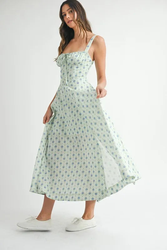 MABLE Floral Print Bustier Back Lace Up Midi Dress