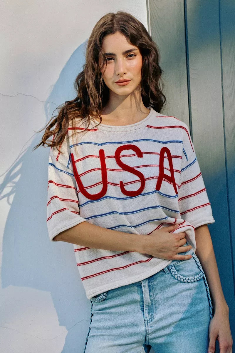 SO ME Usa Stripe Knit Short Sleeves Sweater Top