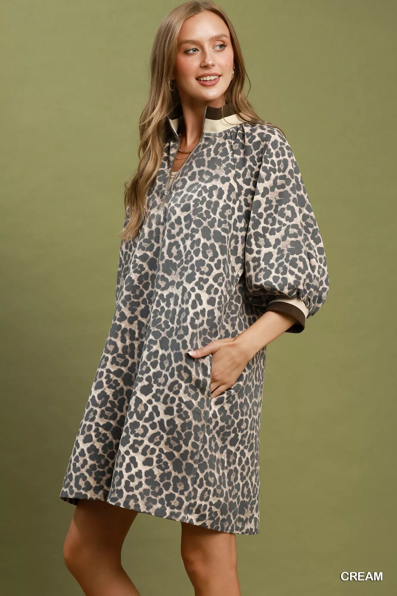 Umgee Leopard Print Quarter Zip Puff Sleeve Mini Dress