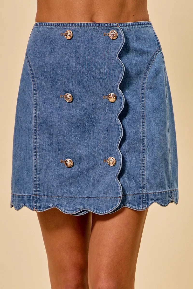 SO ME Denim Scalloped Buttoned Front Skirt