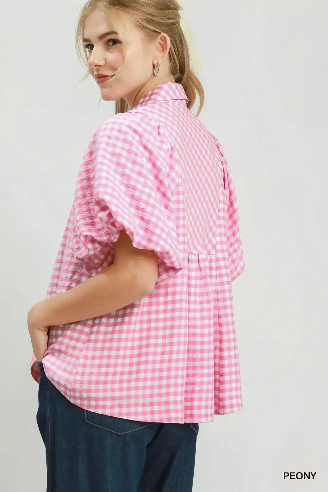 Umgee Smocked Yoke Puff Sleeve Gingham Blouse