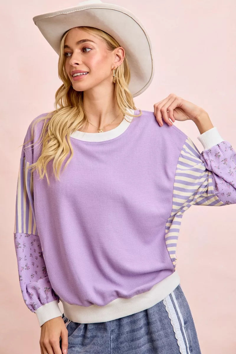 BiBi Mix and Match Sweatshirt with Floral Sleeve Striped