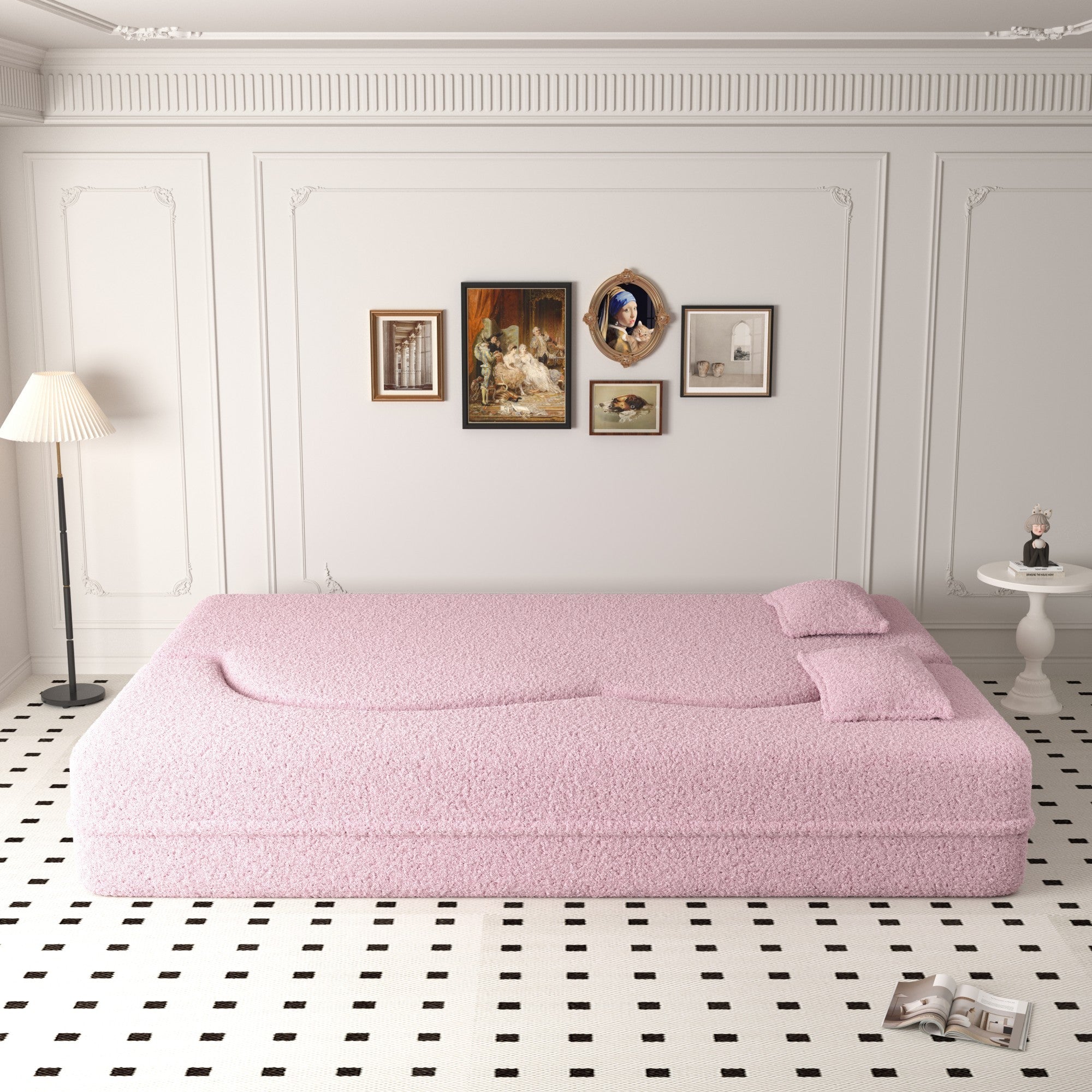 Modern Floor Sofa with 2 Pillows,Convertible Teddy Fabric Foam Filled Sleeper Sofa Bed,15 ' Full Size Folding Mattress for Living Room,Guest Bed,Playroom,No Assembly Required,Pink