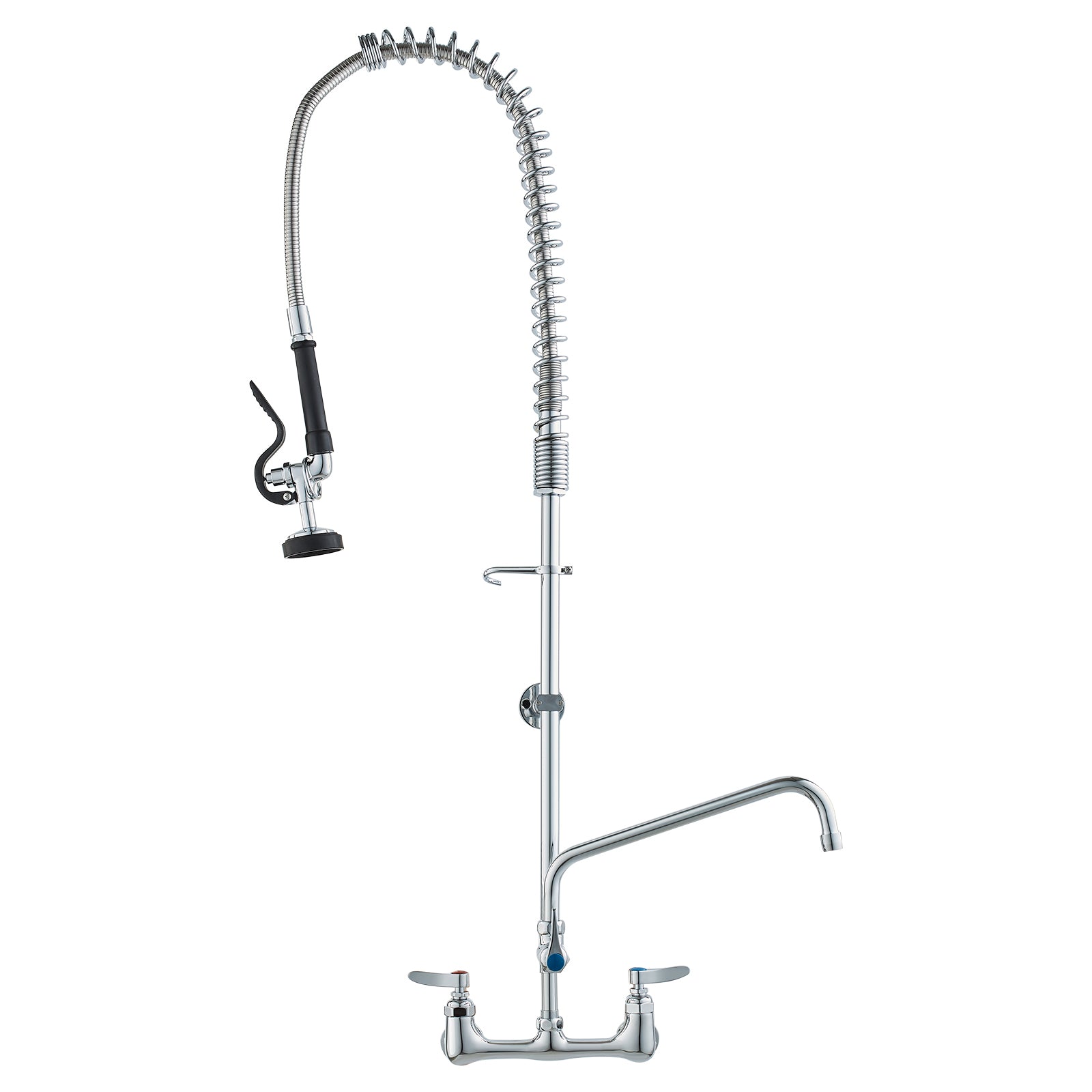 Commercial Faucet with Pre-Rinse Sprayer, 44' Height, 8' Center, 12' Swing Spout, Wall Mount Kitchen Sink Faucet, Brass Constructed Device with Pull Down Spray, for 1/2/3 Compartment Sink