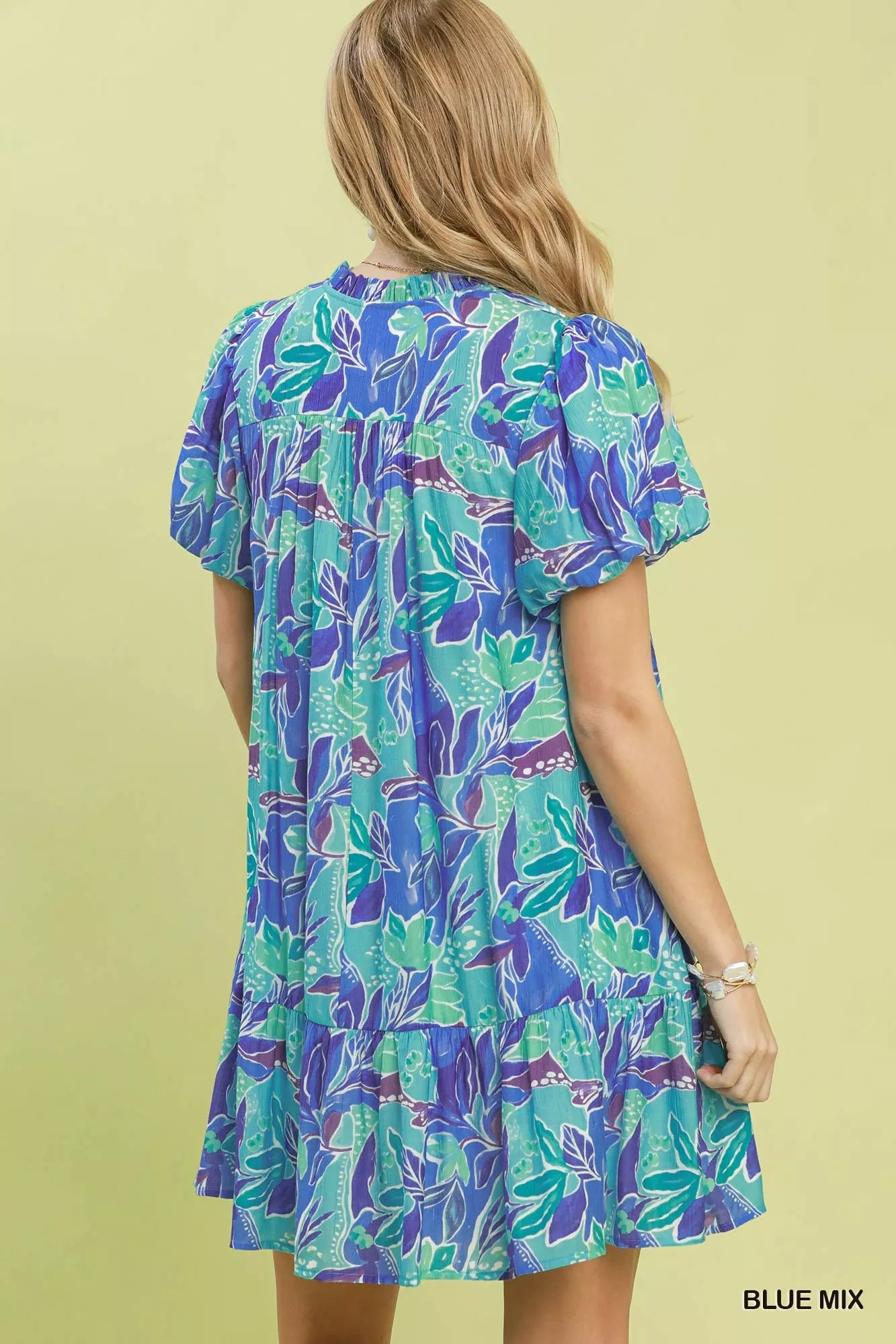 Umgee Tropical Floral Puff Sleeve Tiered Mini Dress