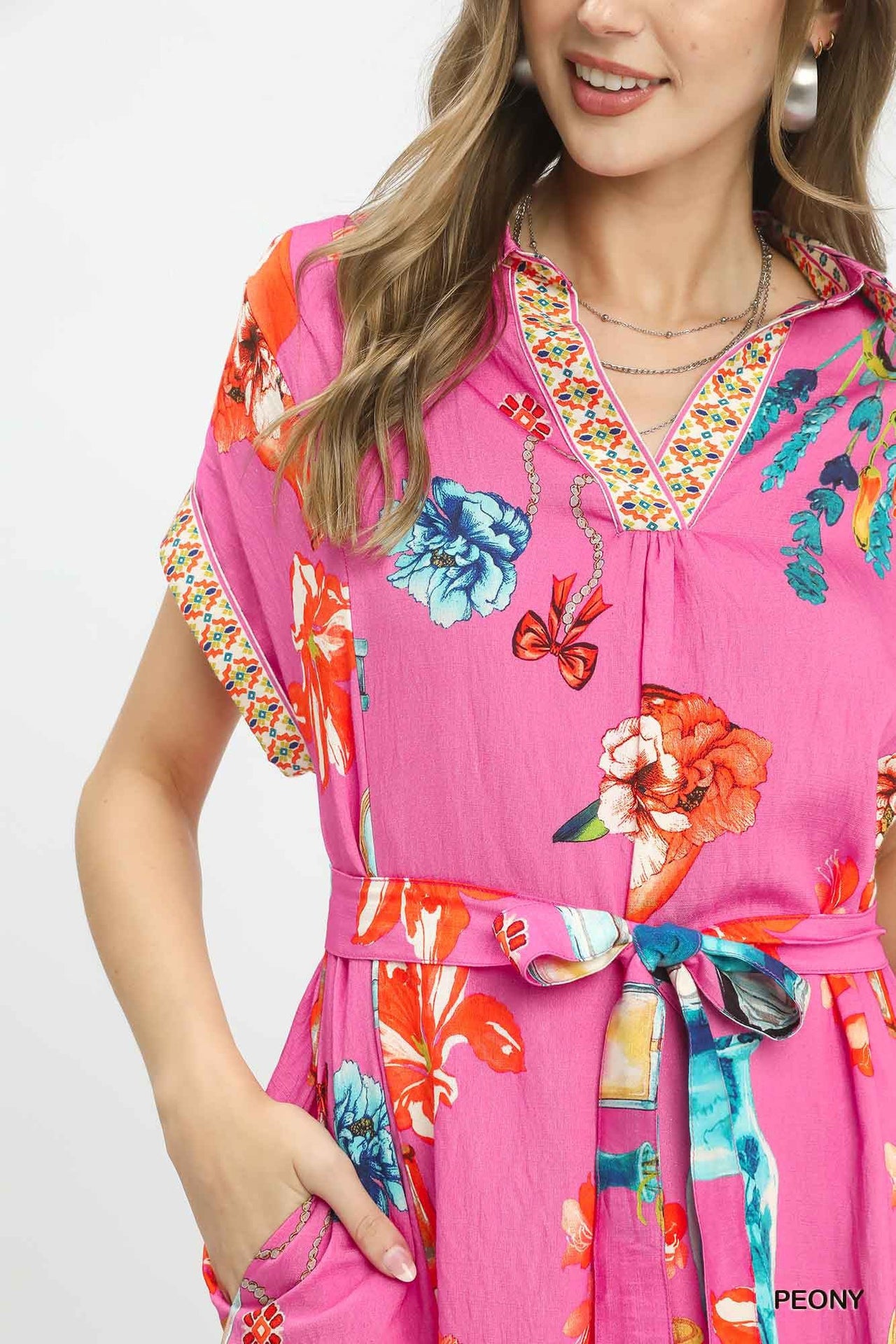 Umgee Floral Print Mini Dress with Belt
