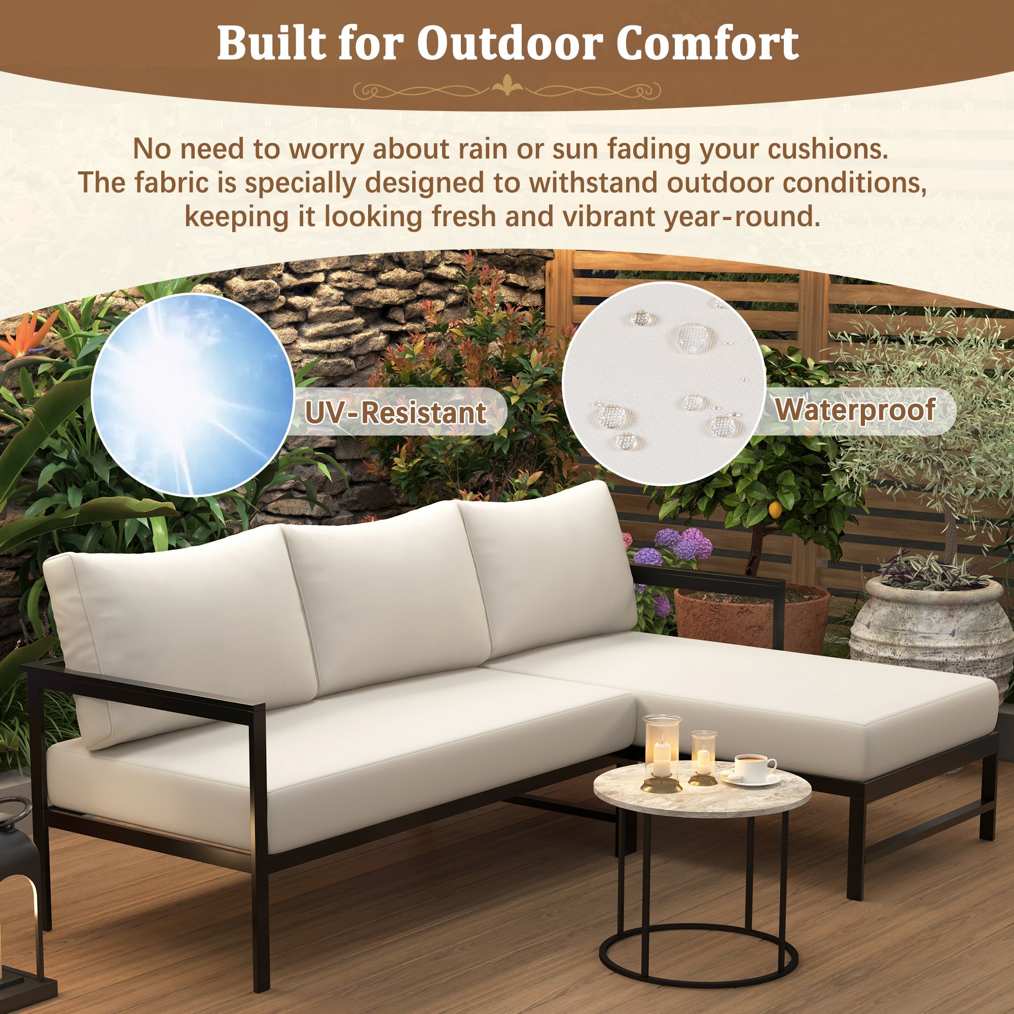 U_style Outdoor L-Shaped Sofa with Iron Frame,Weather-Resistant Patio Sofa Set with Ultra-Thick Cushions,Comfortable Seating for 3,Ideal for Patio, Balcony,and Garden