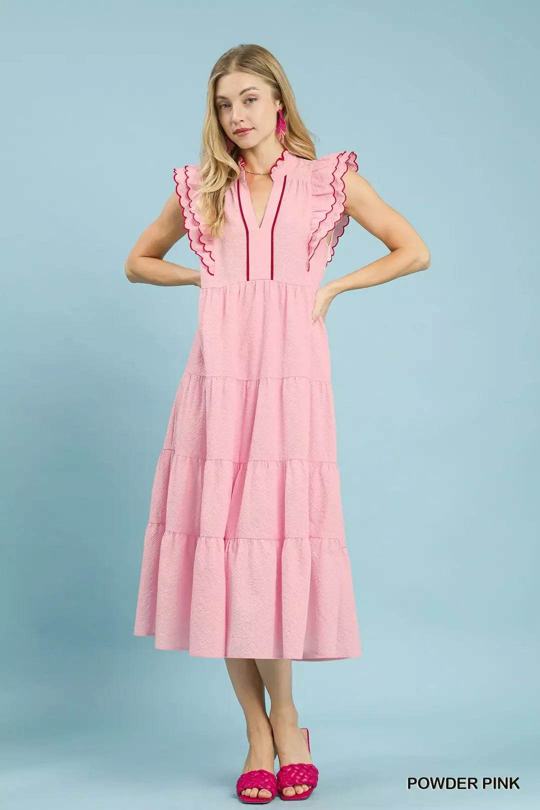 Umgee Seersucker Ruffle Sleeve Tiered Midi Dress