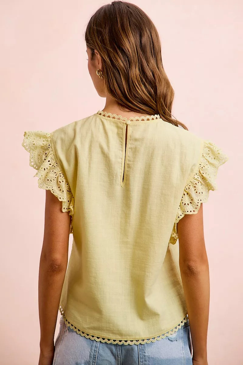 BiBi Cotton Solid Ruffle Sleeve Lace Detail Blouse Top