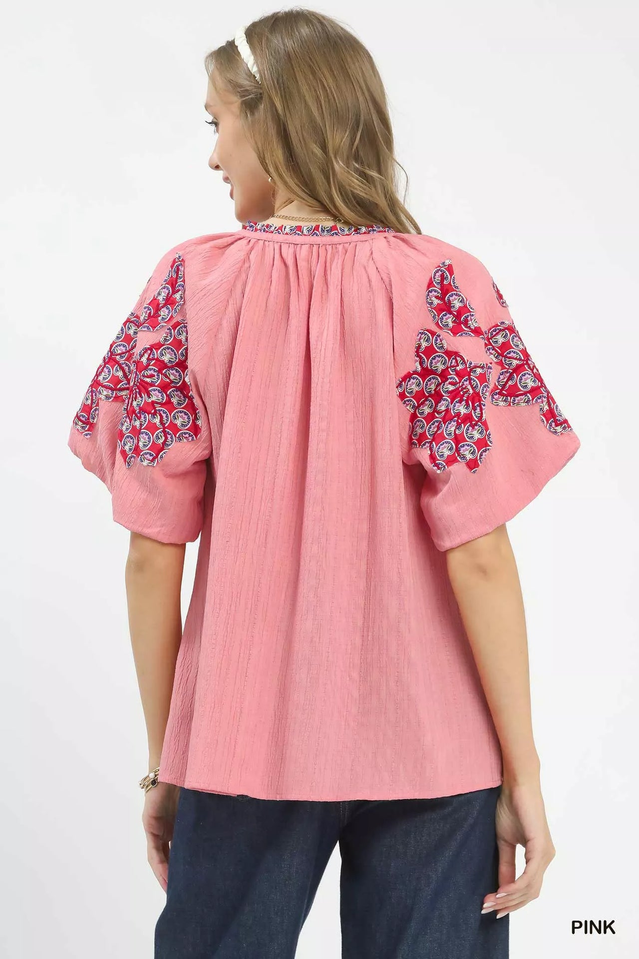 Umgee Embroidered Sleeve Contrast Trim Top