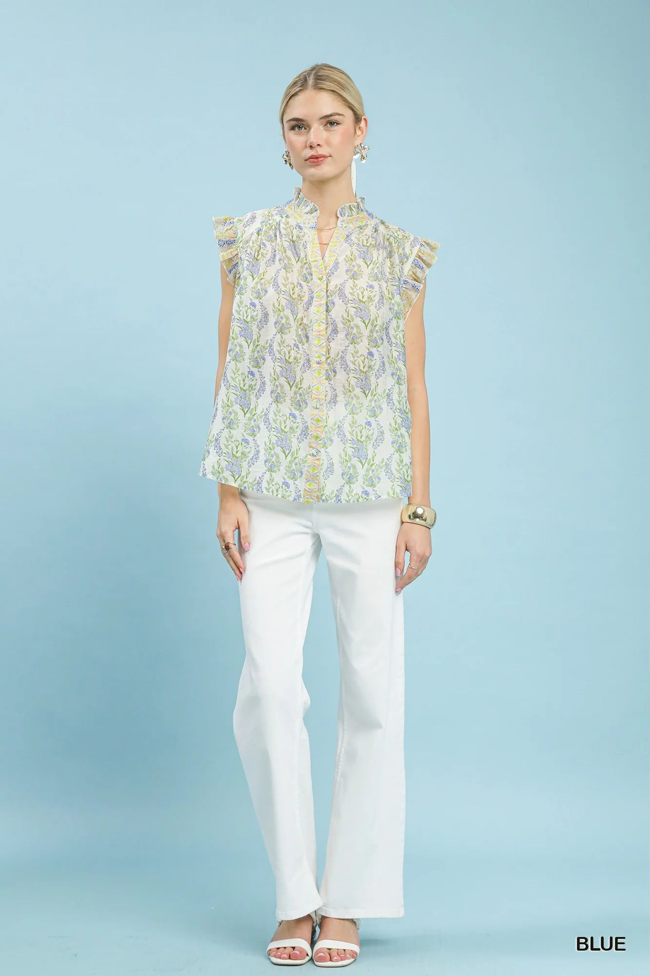 Umgee Floral Print Flutter Sleeve Split Neck Top