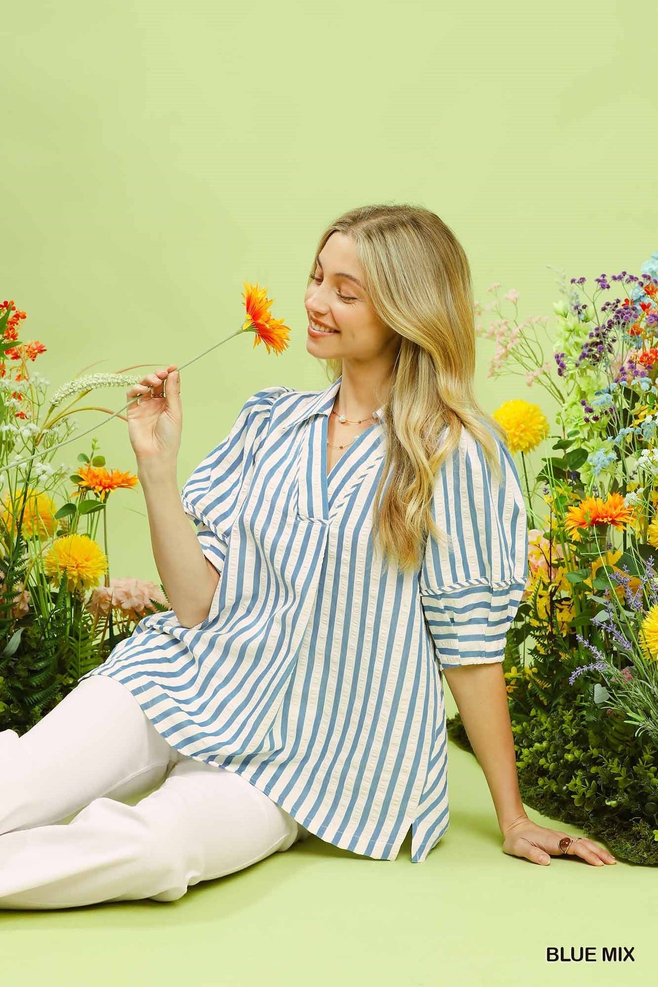 Umgee Striped Puff Sleeve Blouse