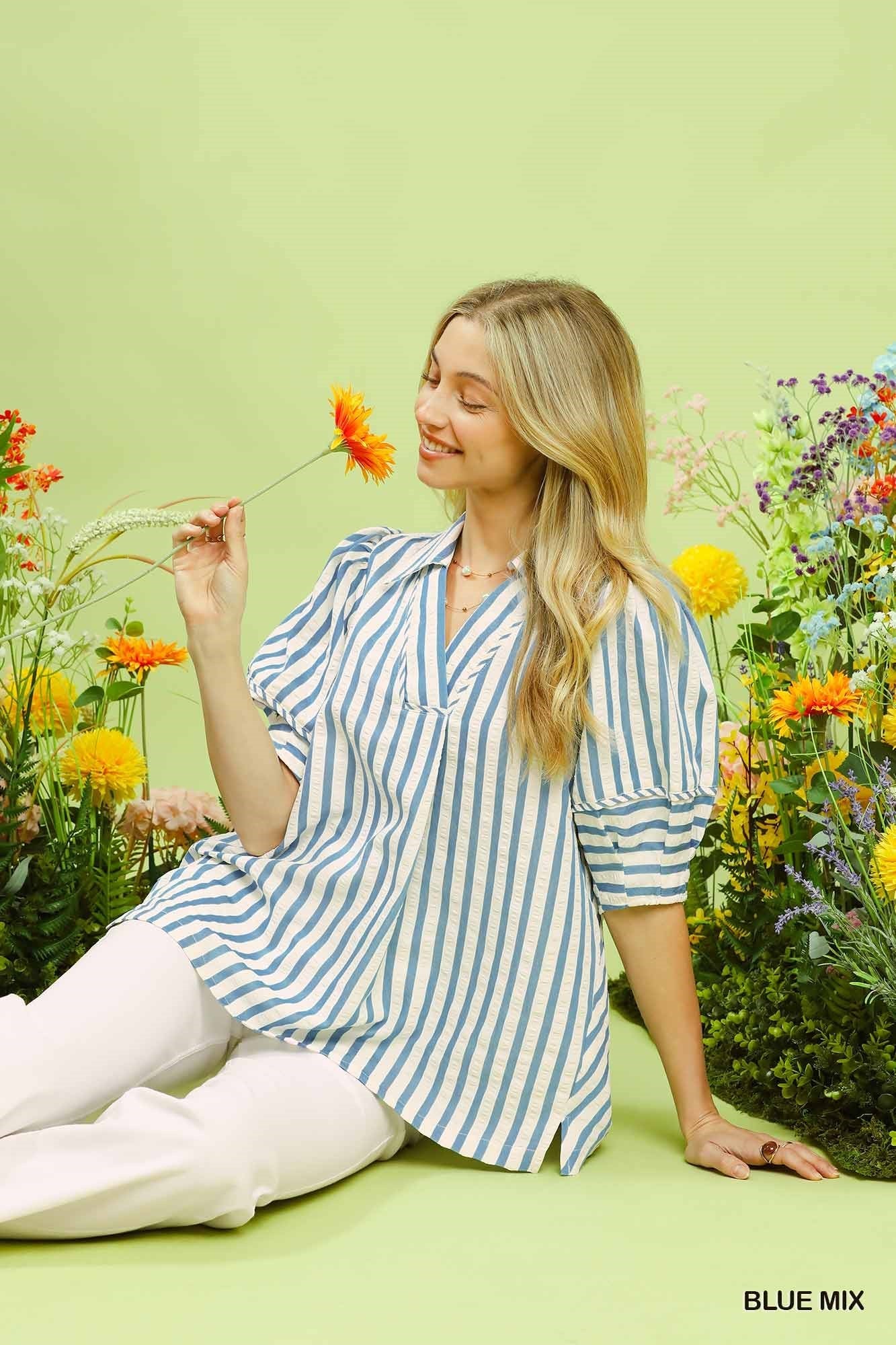 Umgee Striped Puff Sleeve Blouse