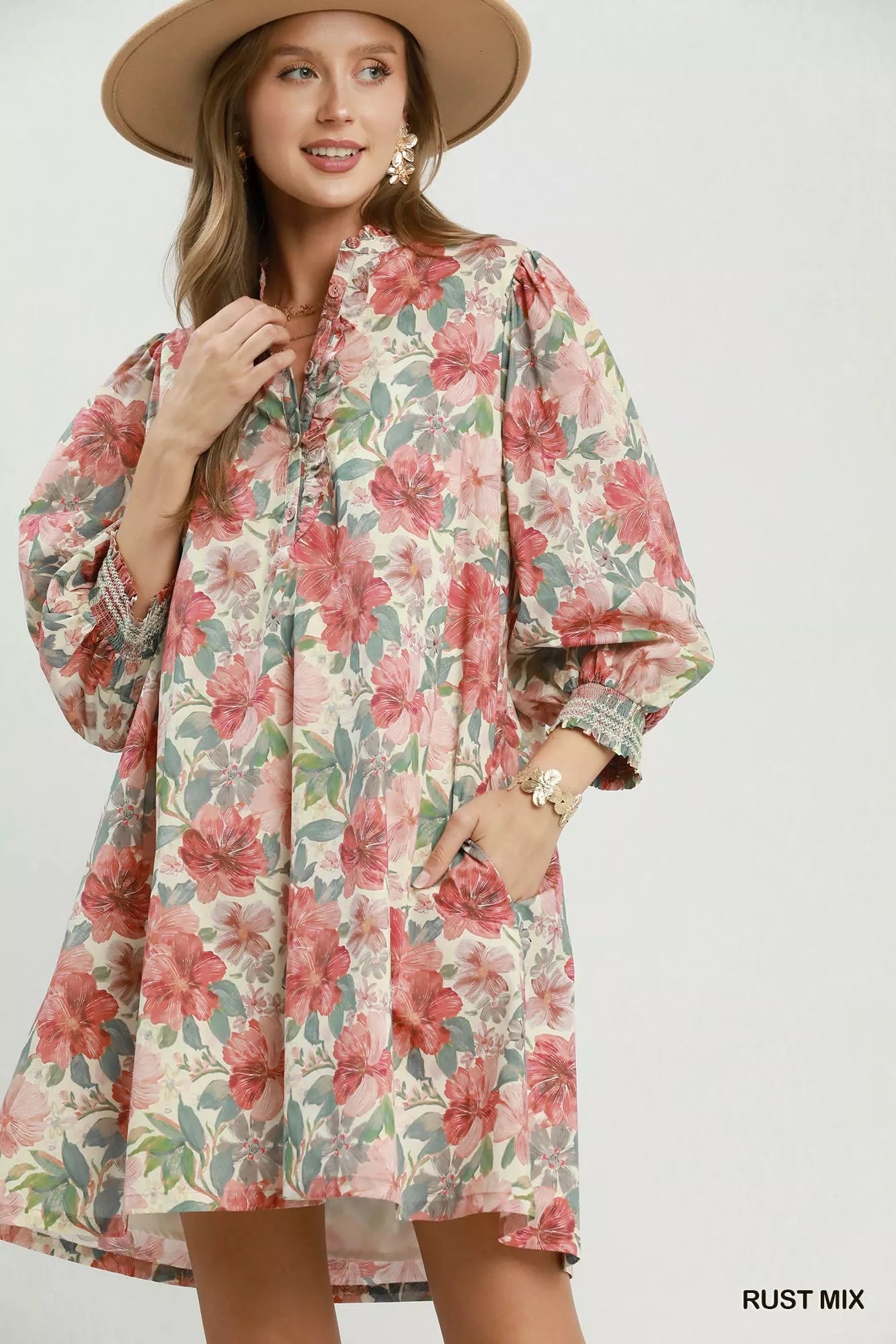 Umgee Mix Floral Print Smocked Cuff Mini Dress