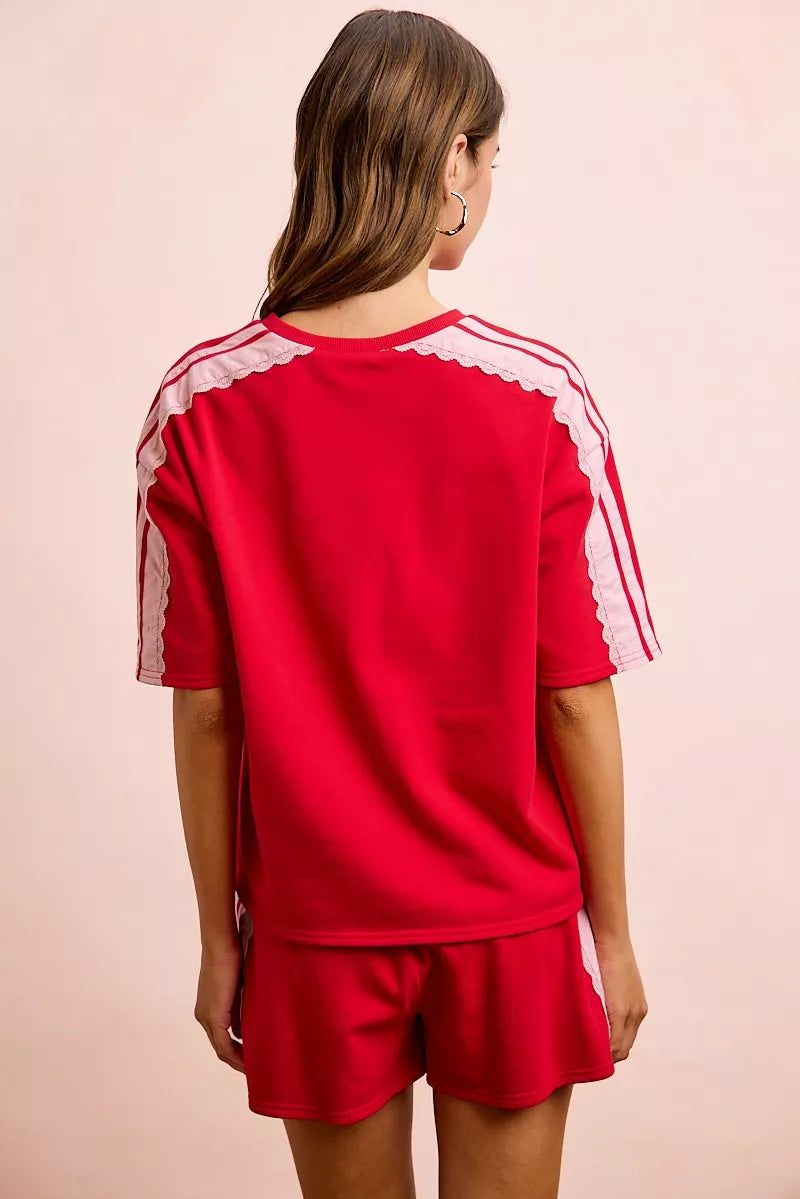 BiBi French Terry Side Lace Detail Short Sleeves Top