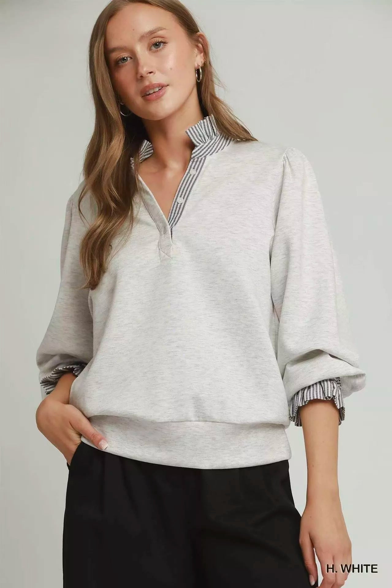 Umgee Stripe Ruffle Neck Long Sleeve Top