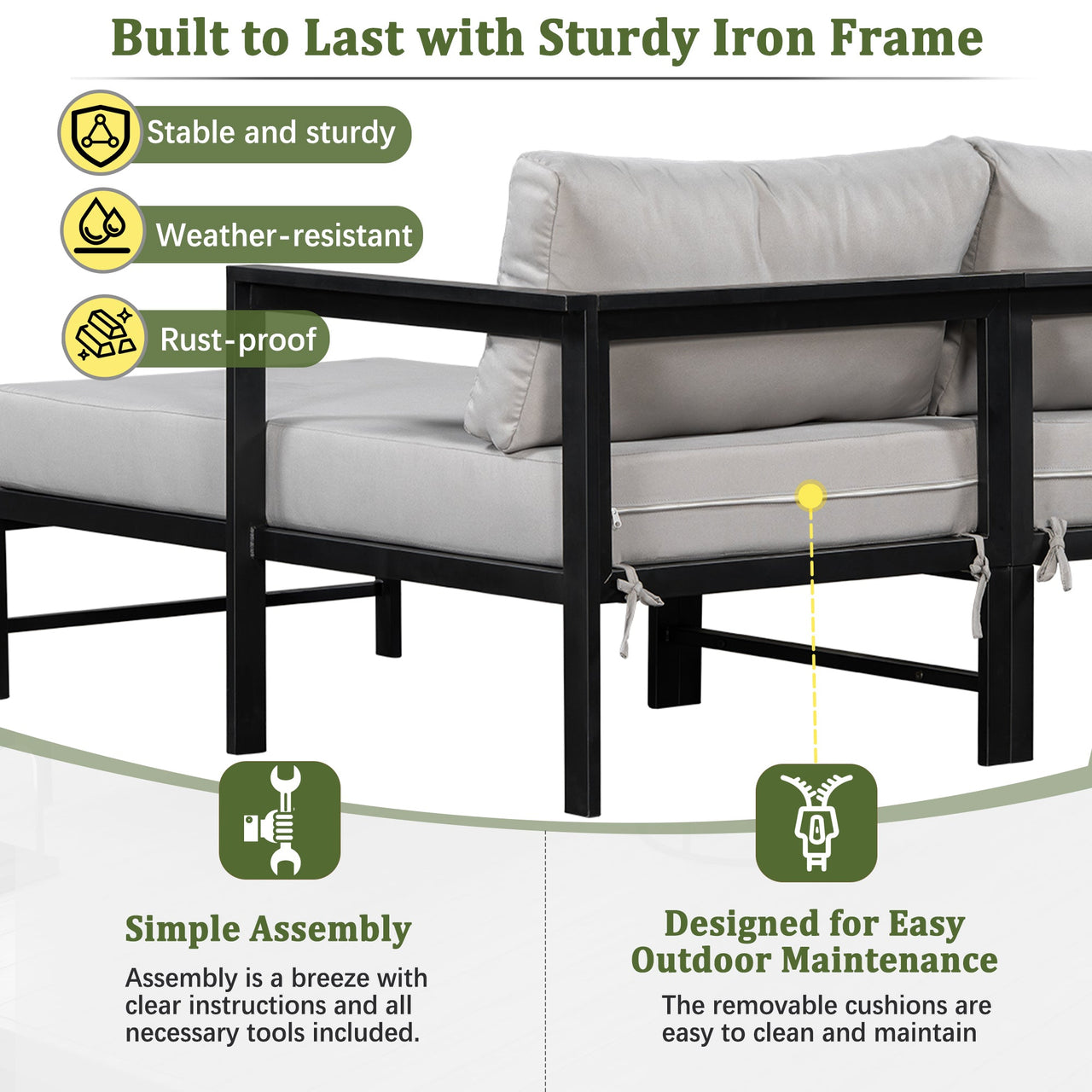 U_style Outdoor L-Shaped Sofa with Iron Frame,Weather-Resistant Patio Sofa Set with Ultra-Thick Cushions,Comfortable Seating for 3,Ideal for Patio, Balcony,and Garden