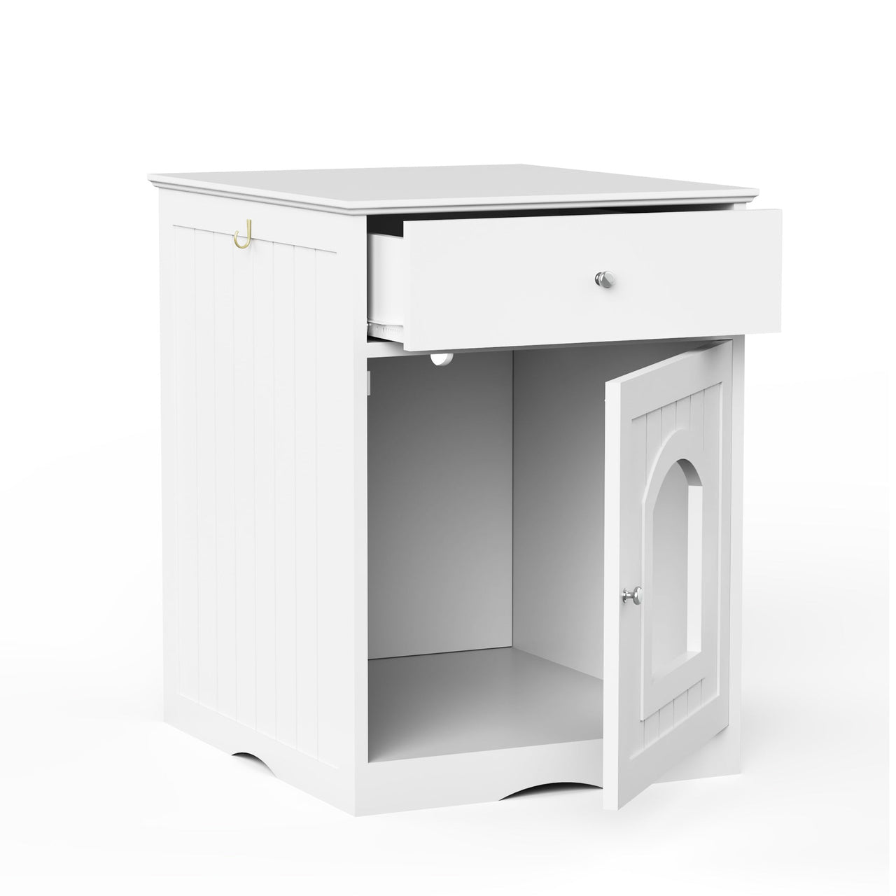 White Wooden Pet House Cat Litter Box Enclosure with Drawer and Side Table, Indoor Cat Home Nightstand for Small Cats, MDF Construction, 18.9'' W x 20.9'' D x 25'' H