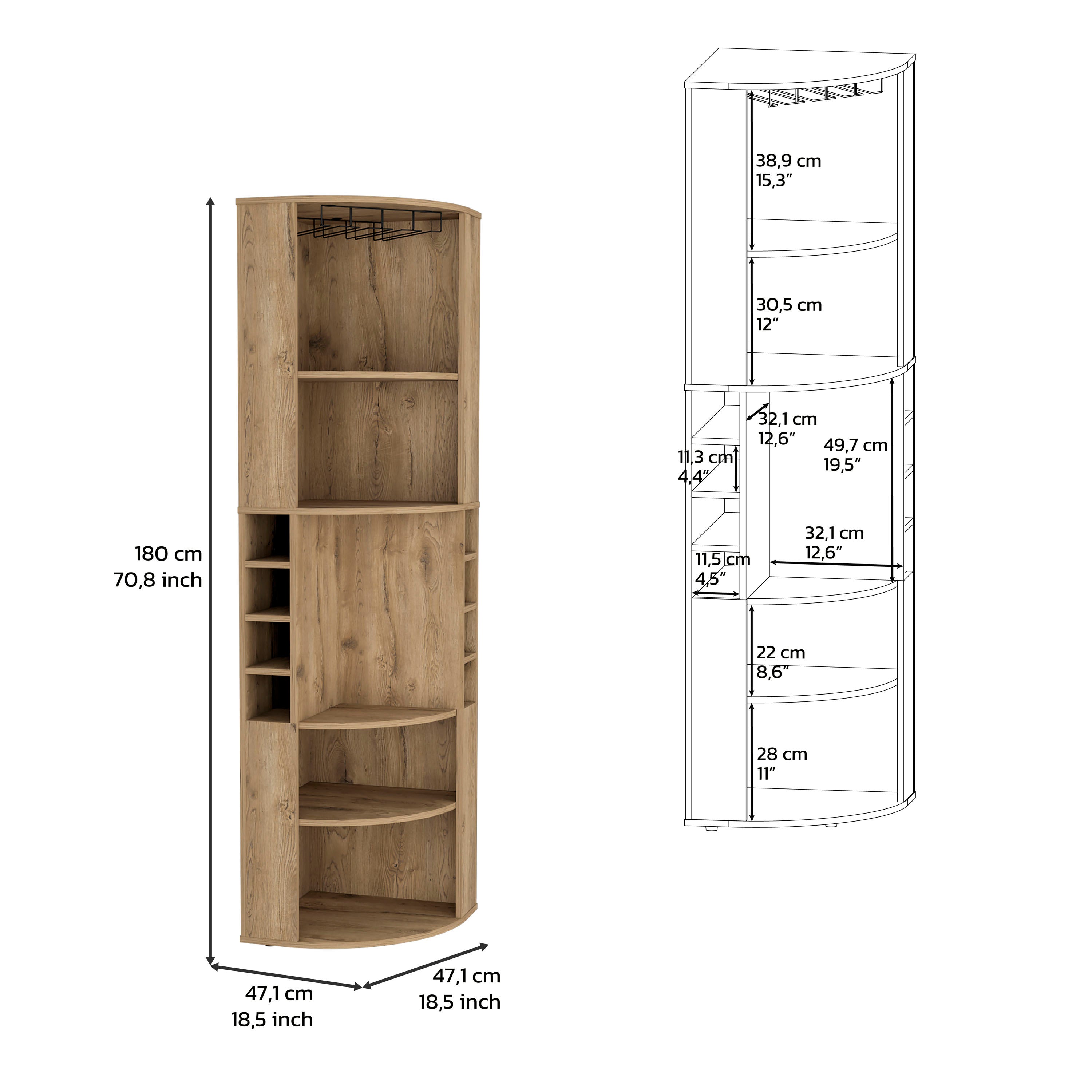 Corner Bar Cabinet 71'H with Five Shelves, Eight Bottle Cubbies and Stemware,Macadamia