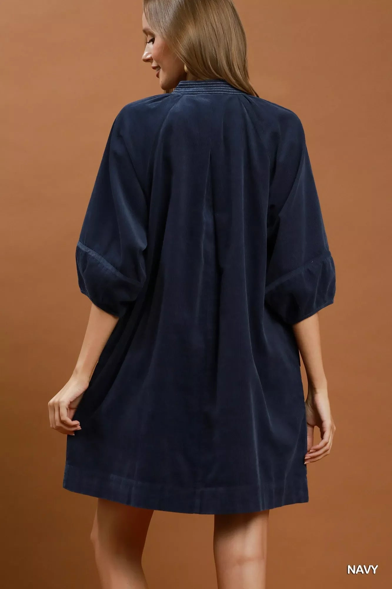 Umgee Corduroy V-Neck Puff Sleeve Shift Dress with Pockets