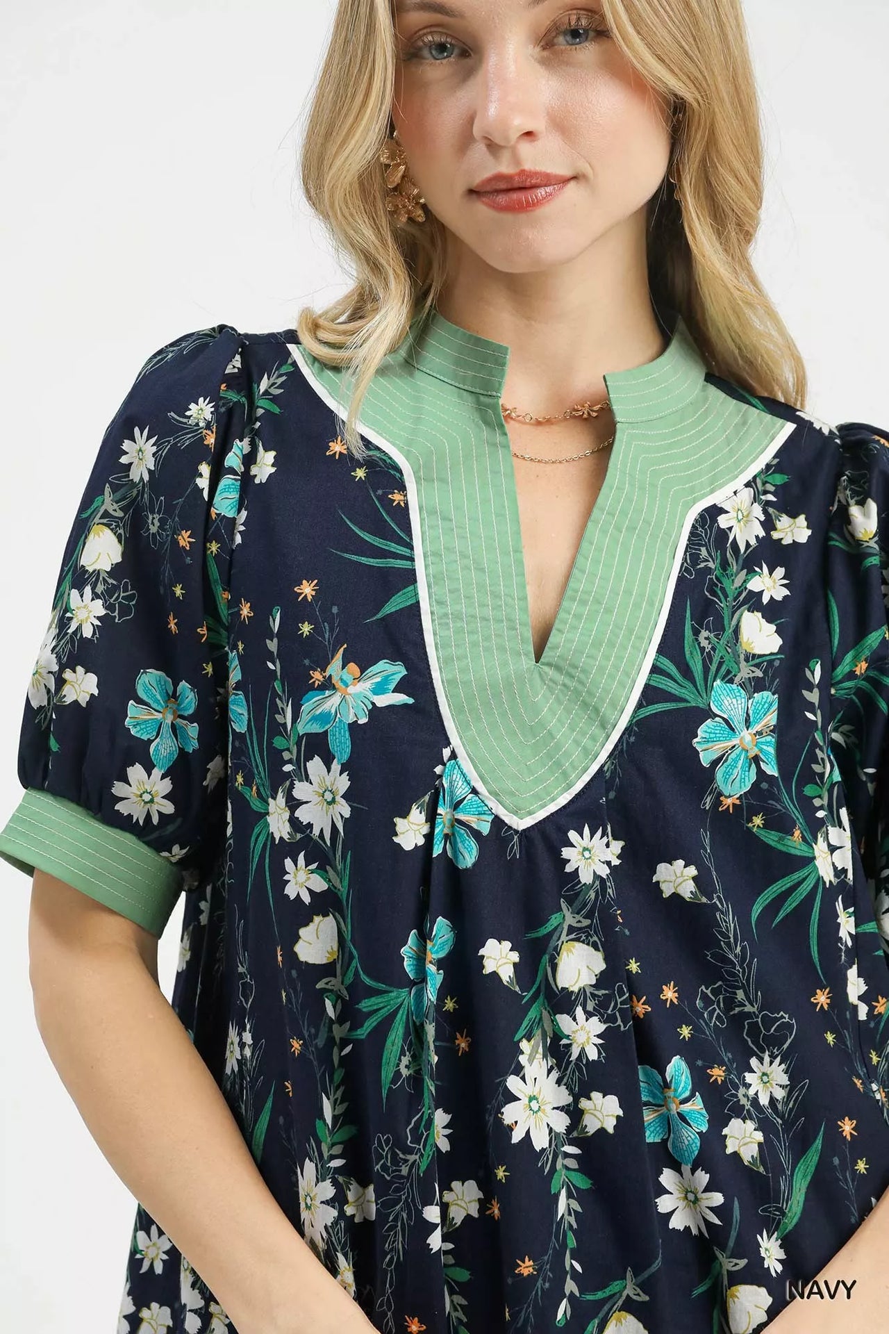 Umgee Floral Puff Sleeve Dress with Contrast Trim
