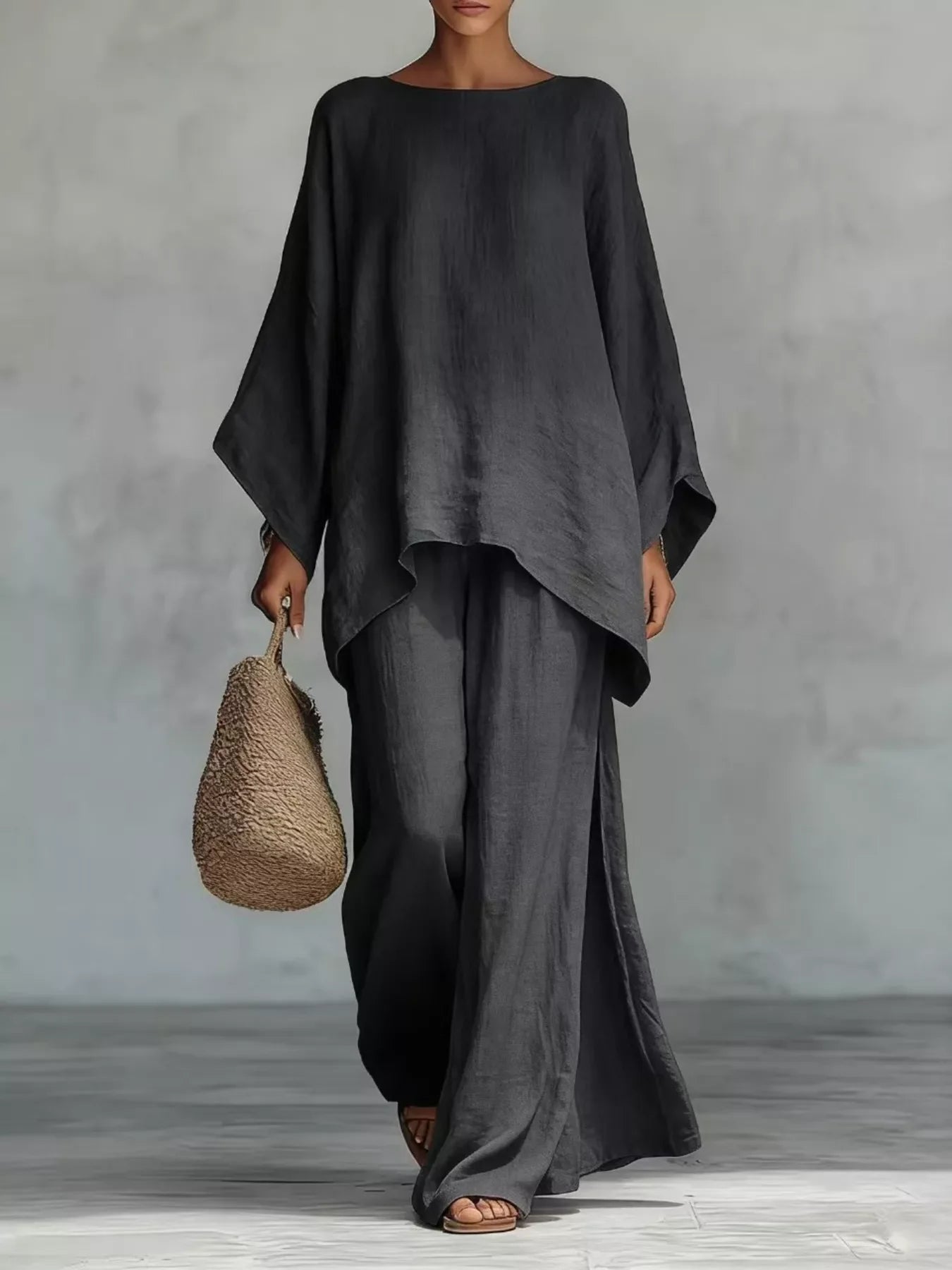 Full Size Round Neck Top and Wide Leg Pants Set Plus Size