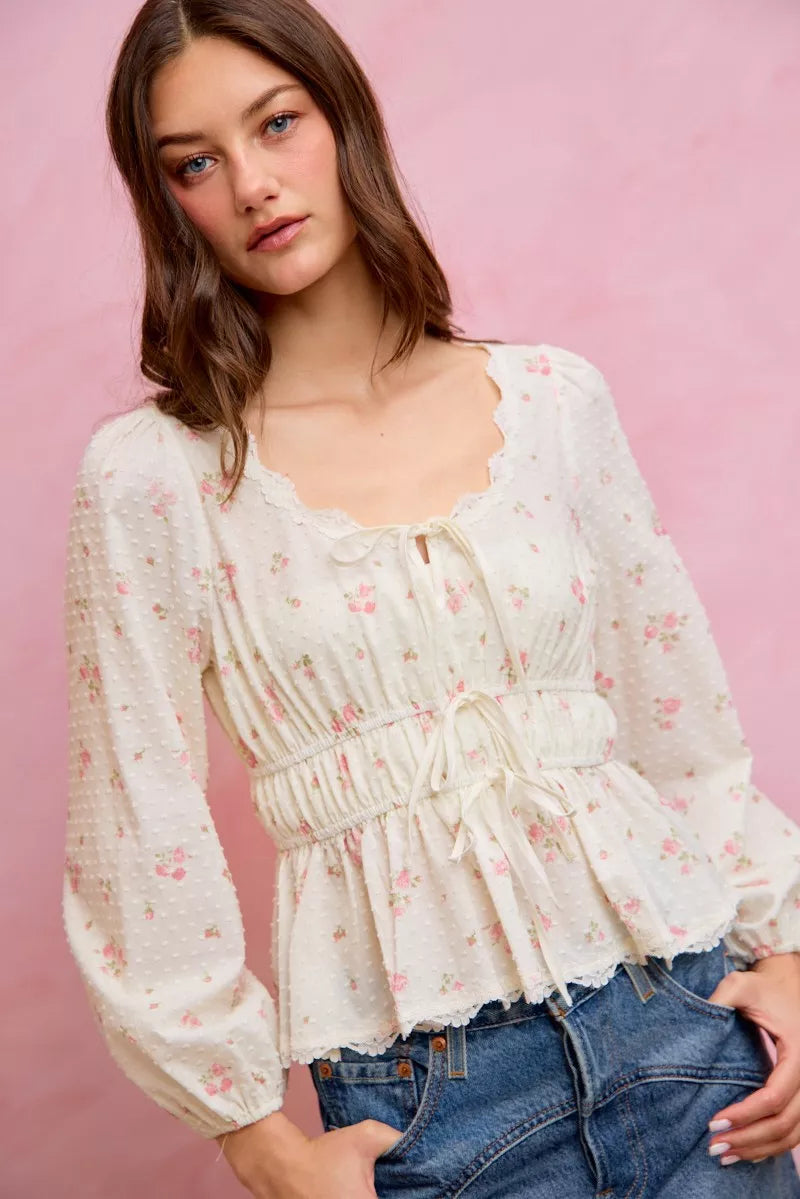 SO ME Floral Clip Dot Lace Trim Ruched Bodice Blouse
