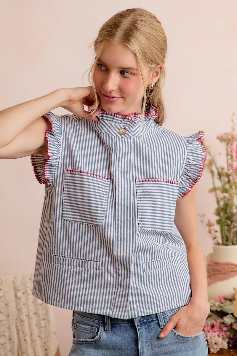 SO ME Stripe Twill Stitch Ruffled Hidden Button Vest Top