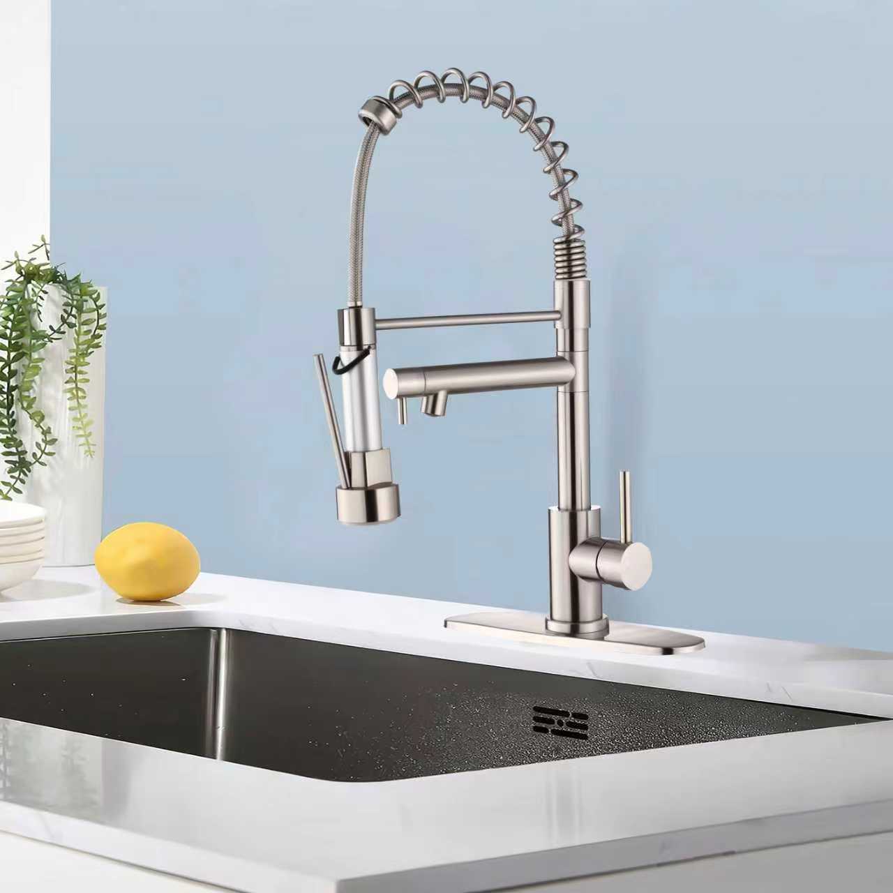 Kitchen Faucet with Pull Down Sprayer, Touch On Single Handle 2- Function Stainless Steel Spring Neck, Single Hole Installation for Residential, Commercial, RV, Bar & More, Brushed Nickel