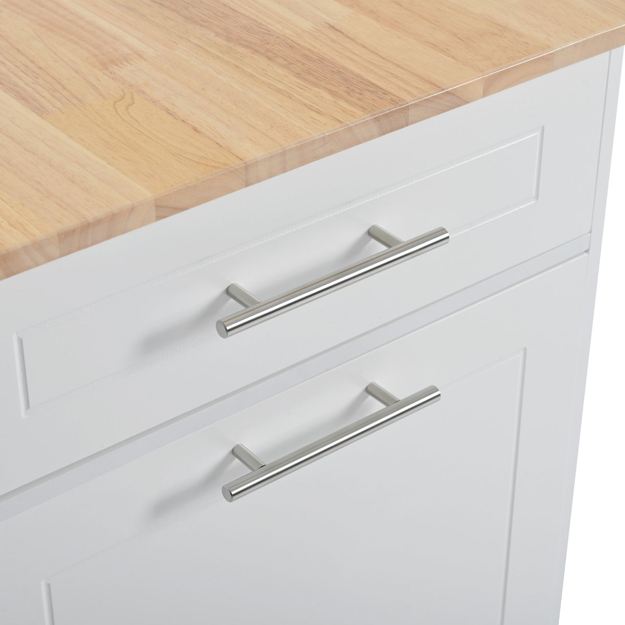 K&K Fluted Kitchen Island with Trash Can Storage Cabinet, Power Outlet, Internal Storage Rack, Rolling Kitchen Islands on 5 Wheels with 3 Drawer, 3 Open Side Racks for 10 Gallon Garbage Bin, White
