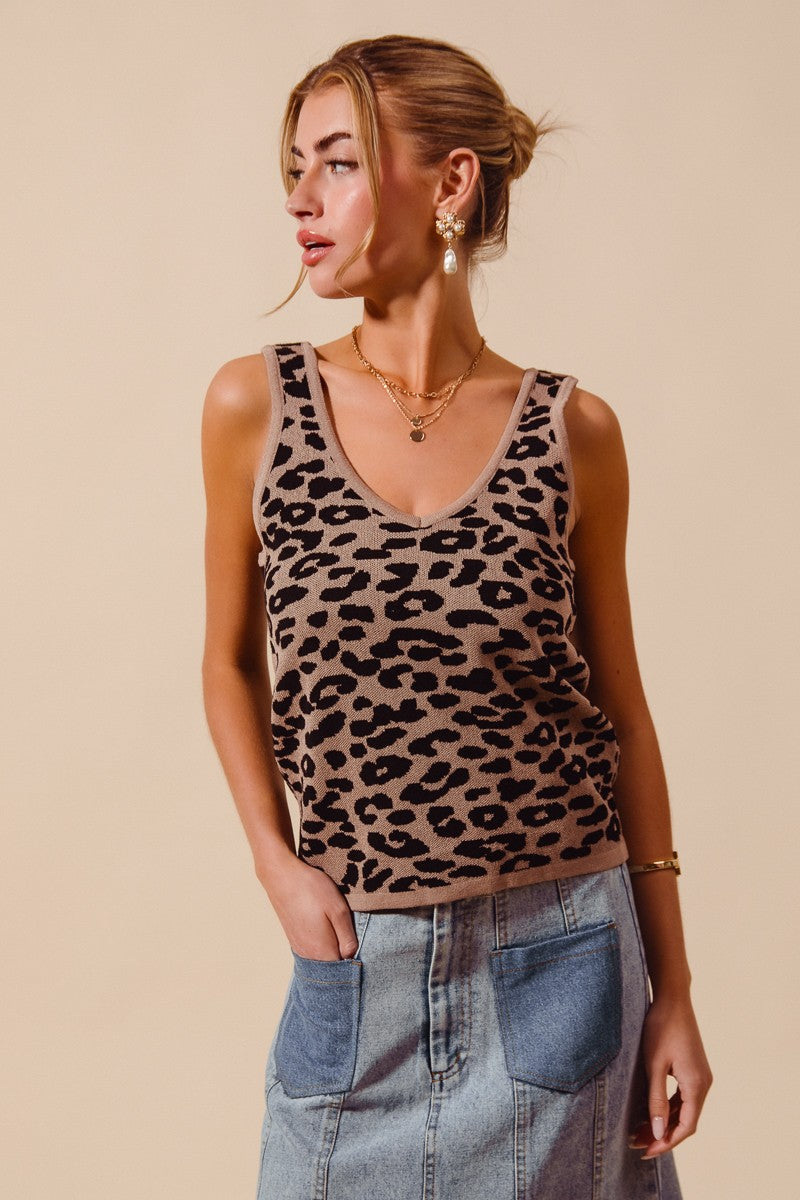 SO ME Leopard Knitted Lightweight V Neck Tank Top