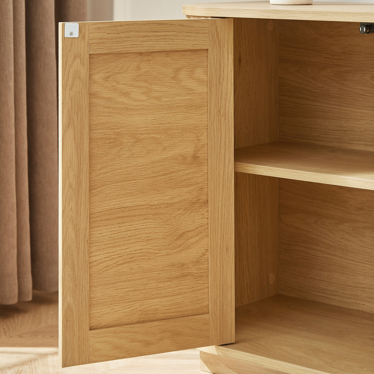 Contemporary Wave Shaped 64-Inch TV Stand with Rattan Doors in Natural Wood Finish