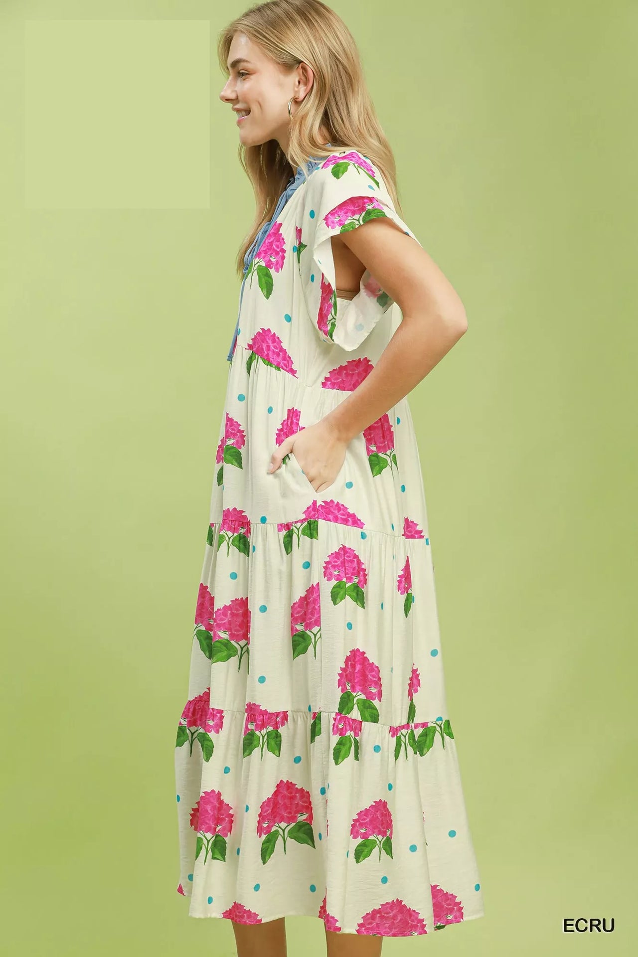 Umgee Hydrangea Print Tiered Midi Dress