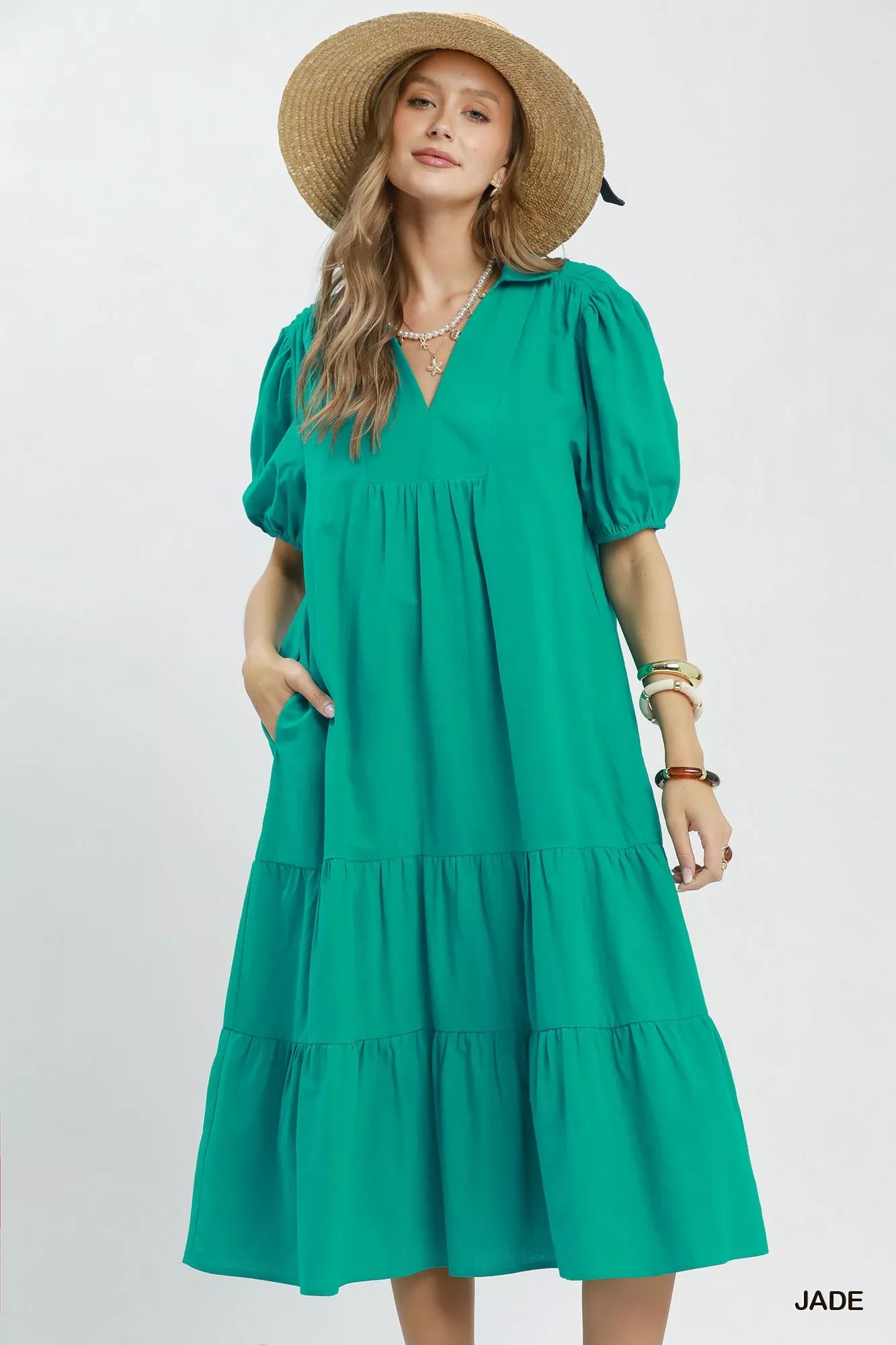 Umgee Solid Tiered Midi Dress