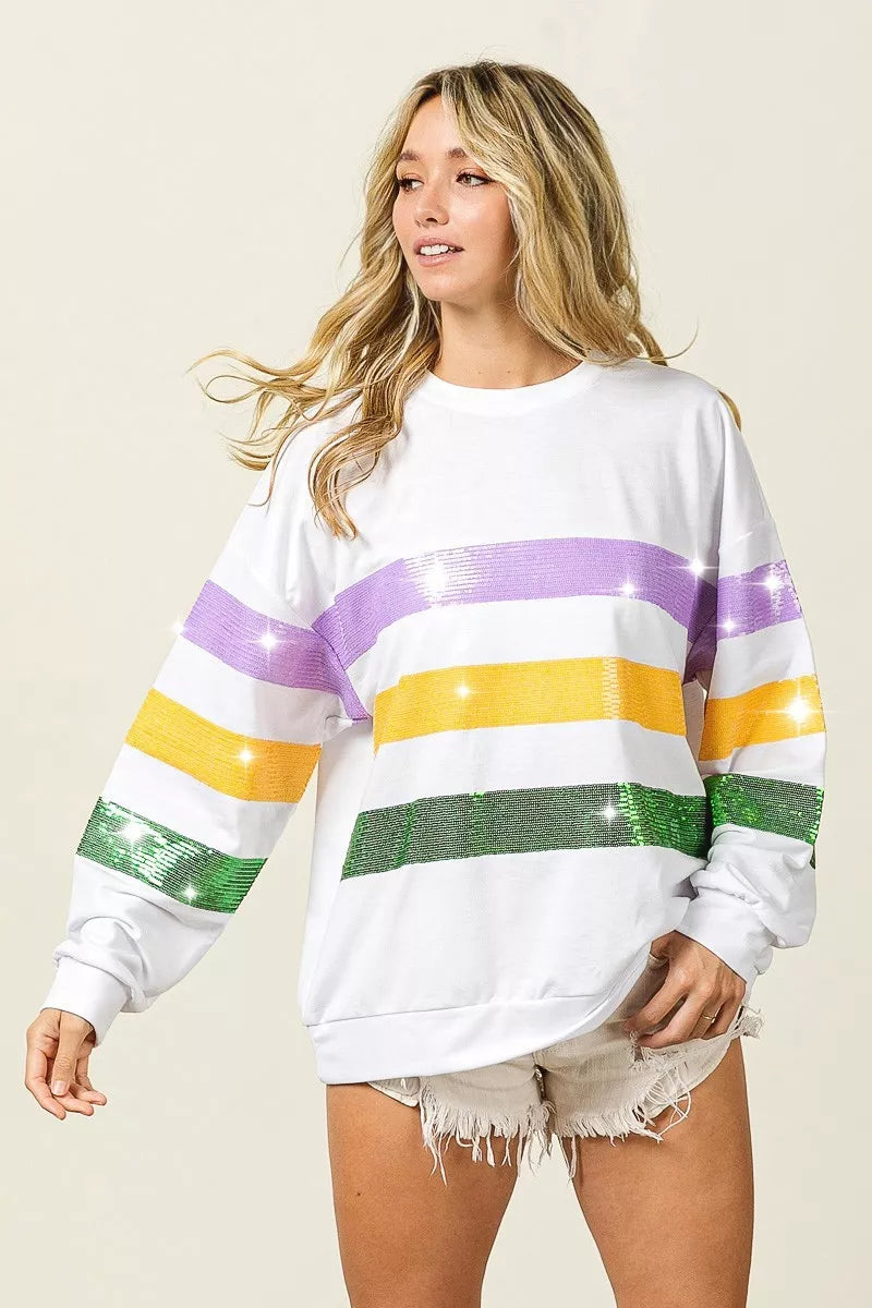 BiBi Sequin Mardi Gras Striped Round Neck Sweatshirt