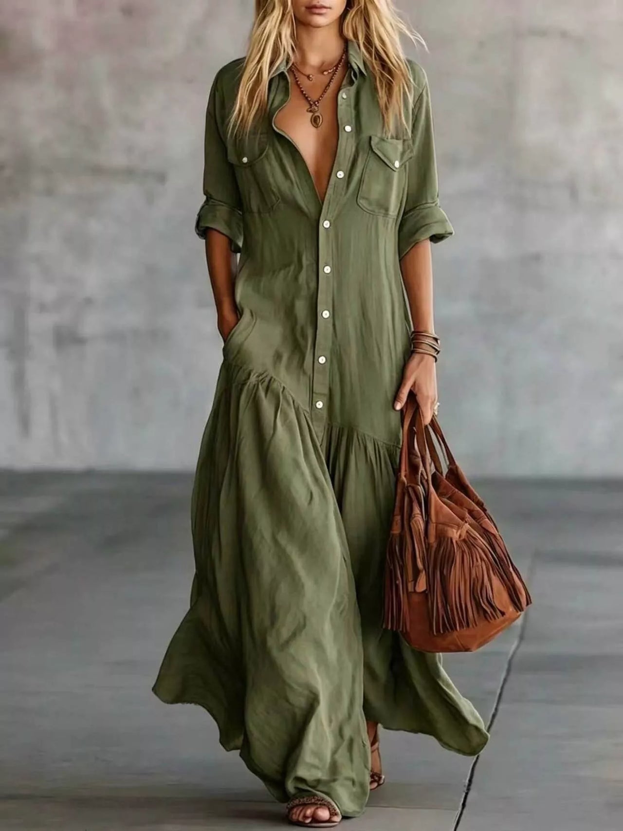 Full Size Button Front Roll-Up Sleeve Maxi Dress Plus Size