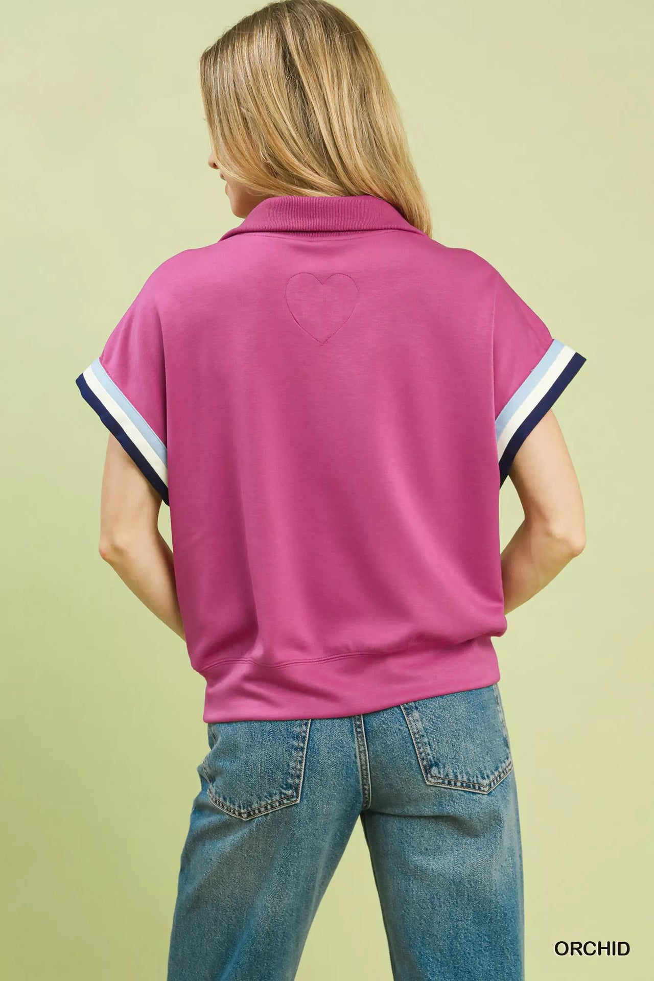 Umgee Zip Front Casual Top with Contrast Stripe Trim