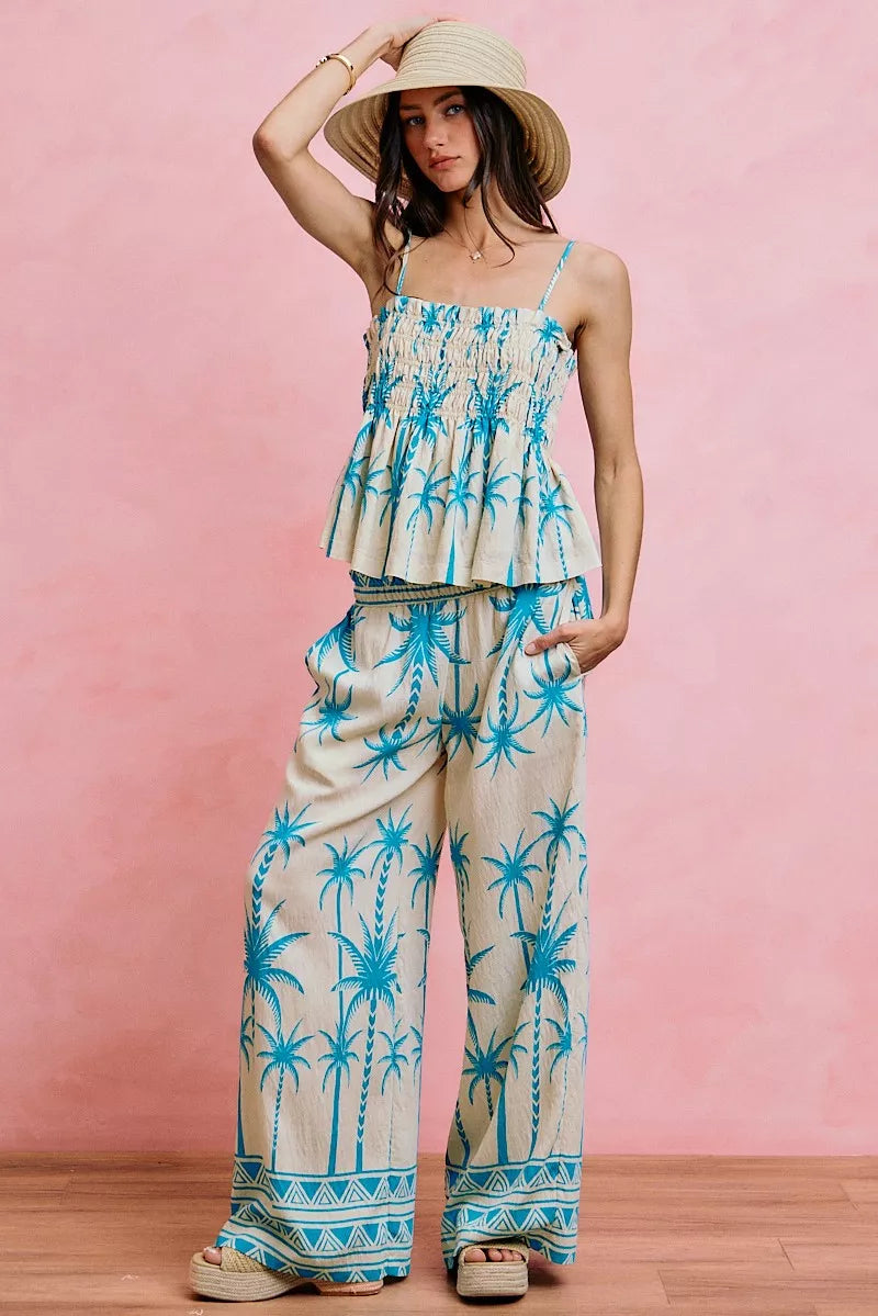 SO ME Palm Tree Smocked Bodice Adjustable Cami Top