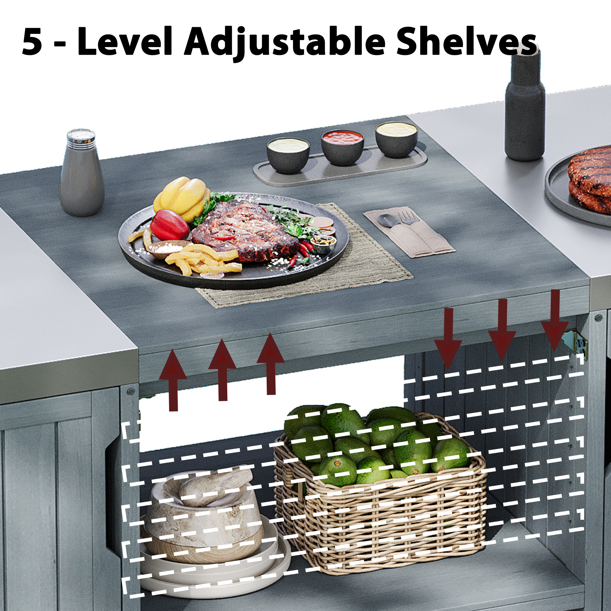 K&K 66.5' Outdoor Kitchen Island for Big Green Egg Grills, Solid Wood Outdoor Grill Cart for Tabletop Grill with Stainless Steel Top, Drawer, Compatible with Large Big Green Egg, Kamado Joe- Grey Blue