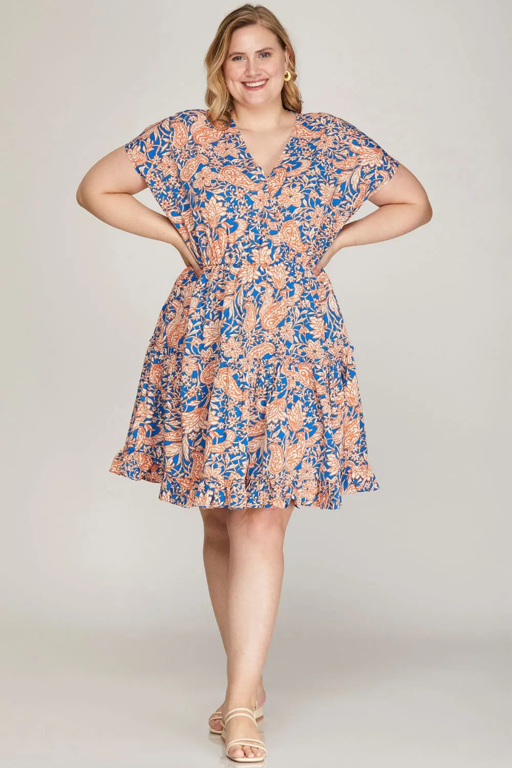 She + Sky Full Size Ruffled Hem Printed Surplice Kimono Sleeve Mini Dress Plus Size