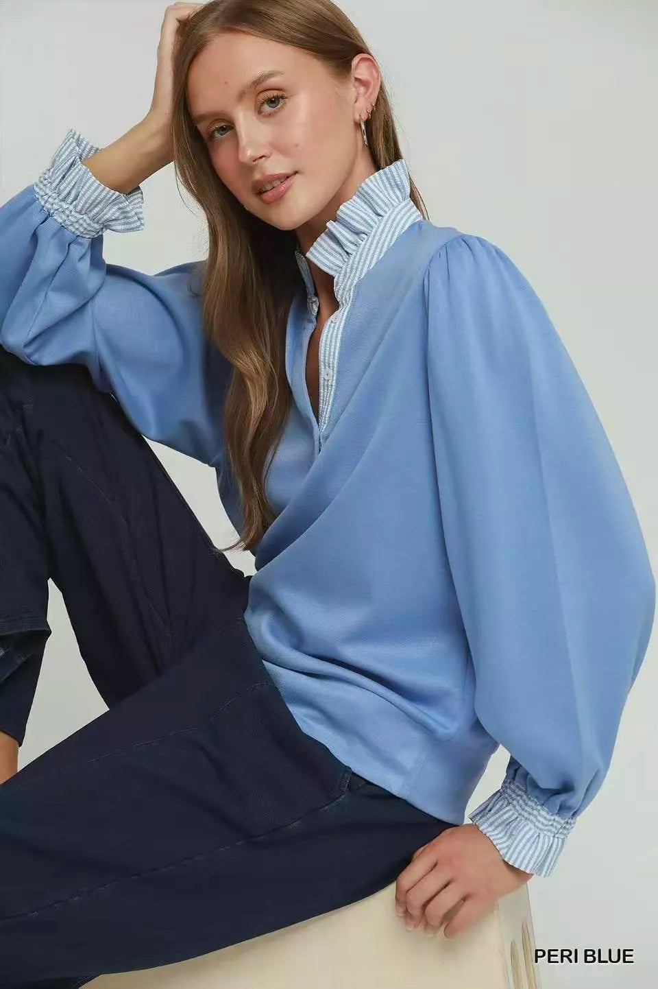 Umgee Stripe Ruffle Neck Long Sleeve Top