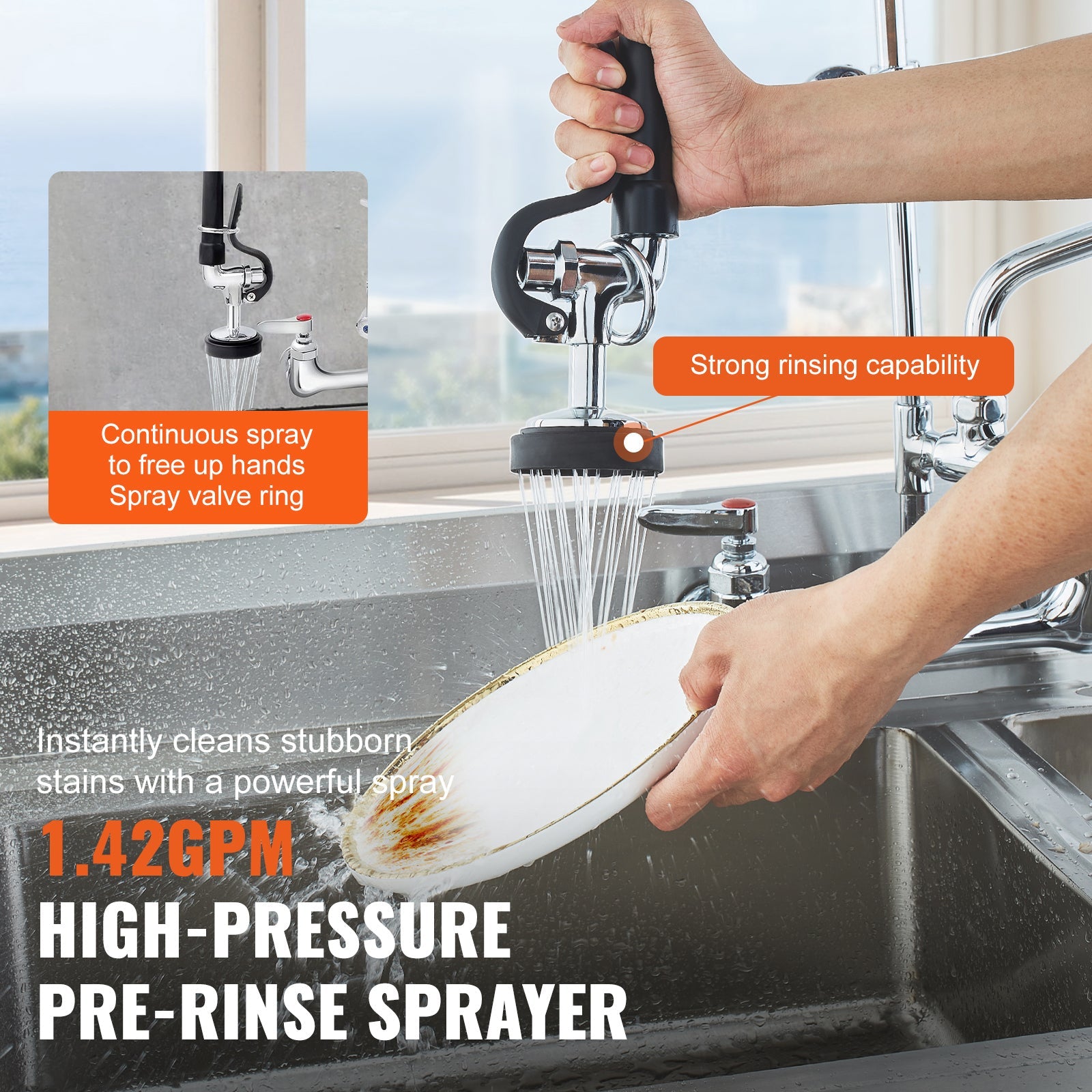 Commercial Faucet with Pre-Rinse Sprayer, 21' Height, 8' Center, 12' Swing Spout, Wall Mount Kitchen Sink Faucet, Brass Constructed Device with Pull Down Spray, for 1/2/3 Compartment Sink