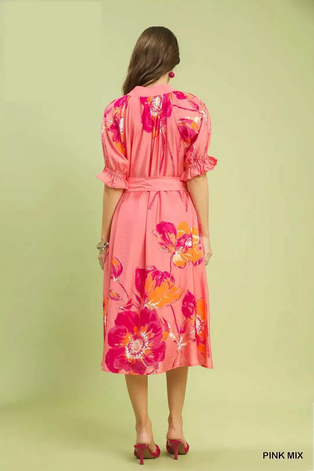 Umgee Floral Flounce Sleeve Midi Dress with Belted