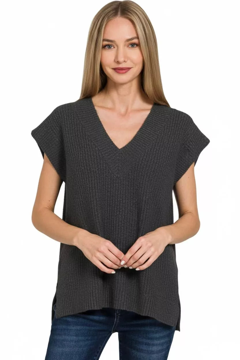 Zenana Ribbed Slit V-Neck Sweater Vest