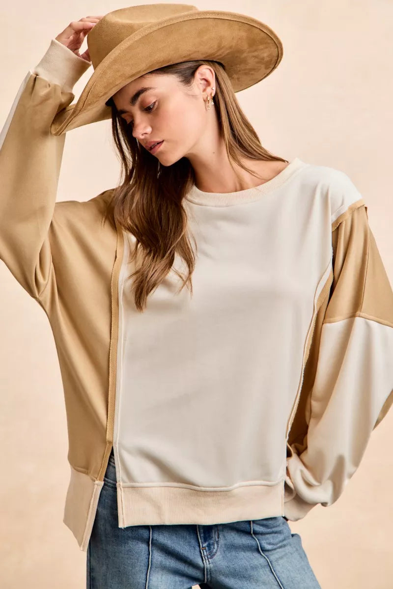 BiBi French Terry Color Block Top With Open Seam Detail
